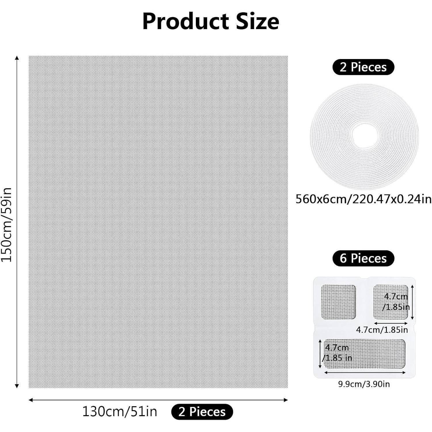 Produktgrößendiagramm mit einem 130 cm x 150 cm Panel in 2 Teilen, plus 2-teilige Rolle und Abmessungen der 6-teiligen Kleinpolster.