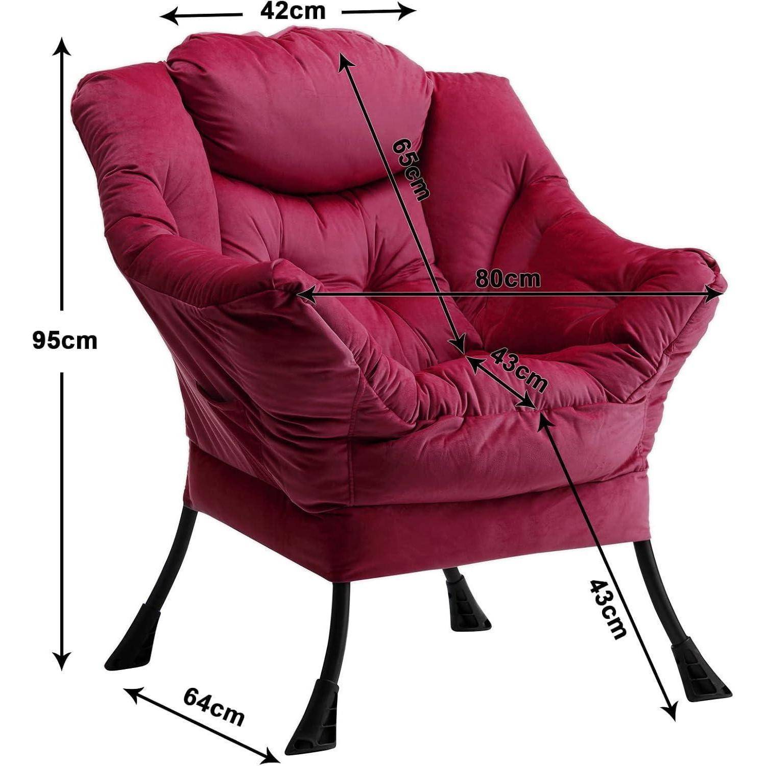 Bordeauxrot gepolsterter Sessel mit folgenden Abmessungen: 95 cm Höhe, 80 cm Breite, 42 cm Oberflächenbreite, 64 cm Tiefe, 63 cm Sitzhöhe, 43 cm Sitztiefe und Beinhöhe.