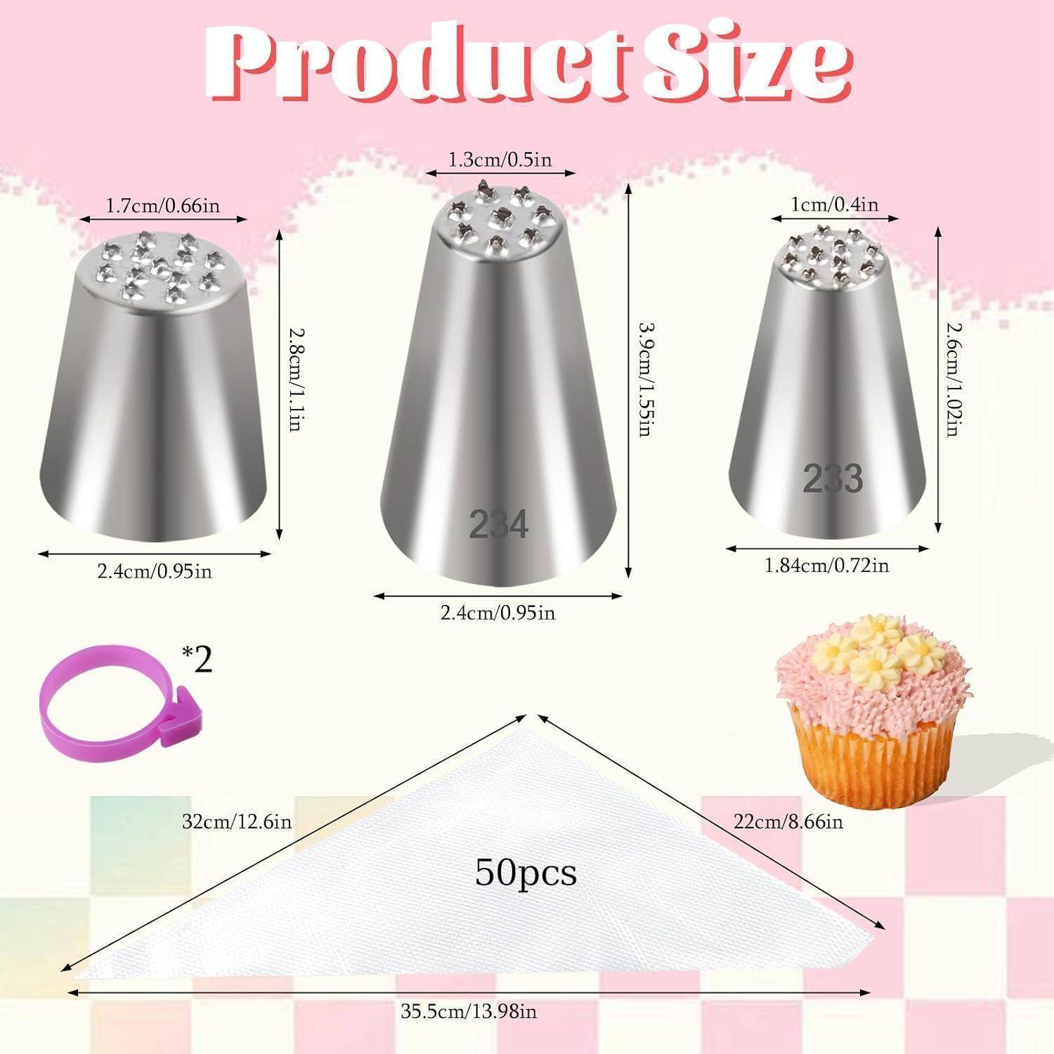Größentabelle für Produkte mit drei Metallspritzaufsätzen mit Abmessungen, zwei violetten Kupplungen, einem Cupcake und einem 50er-Set an Einweg-Spritzbeuteln.