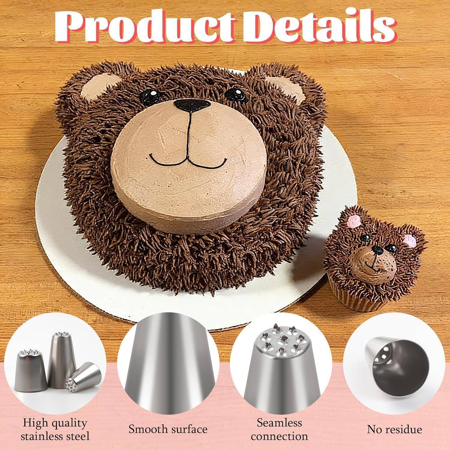 Produktbilddetails eines bärenförmigen Kuchens mit einem kleineren passenden Mini-Kuchen sowie Beschriftungen, die die Merkmale des Edelstahl-Dekorationsspatels zeigen: hochwertig, glatte Oberfläche, nahtlose Verbindung, keine Rückstände.