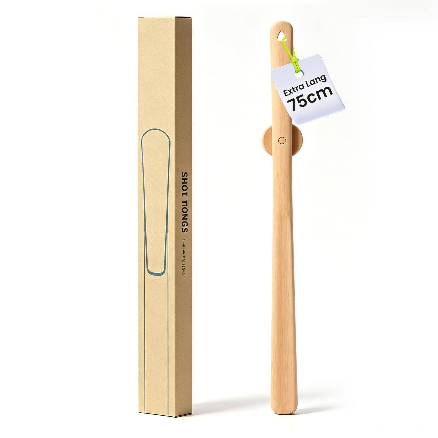 Extra-langer Schuhlöffel aus Holz, 75 cm, gezeigt neben seiner Verpackungsbox.