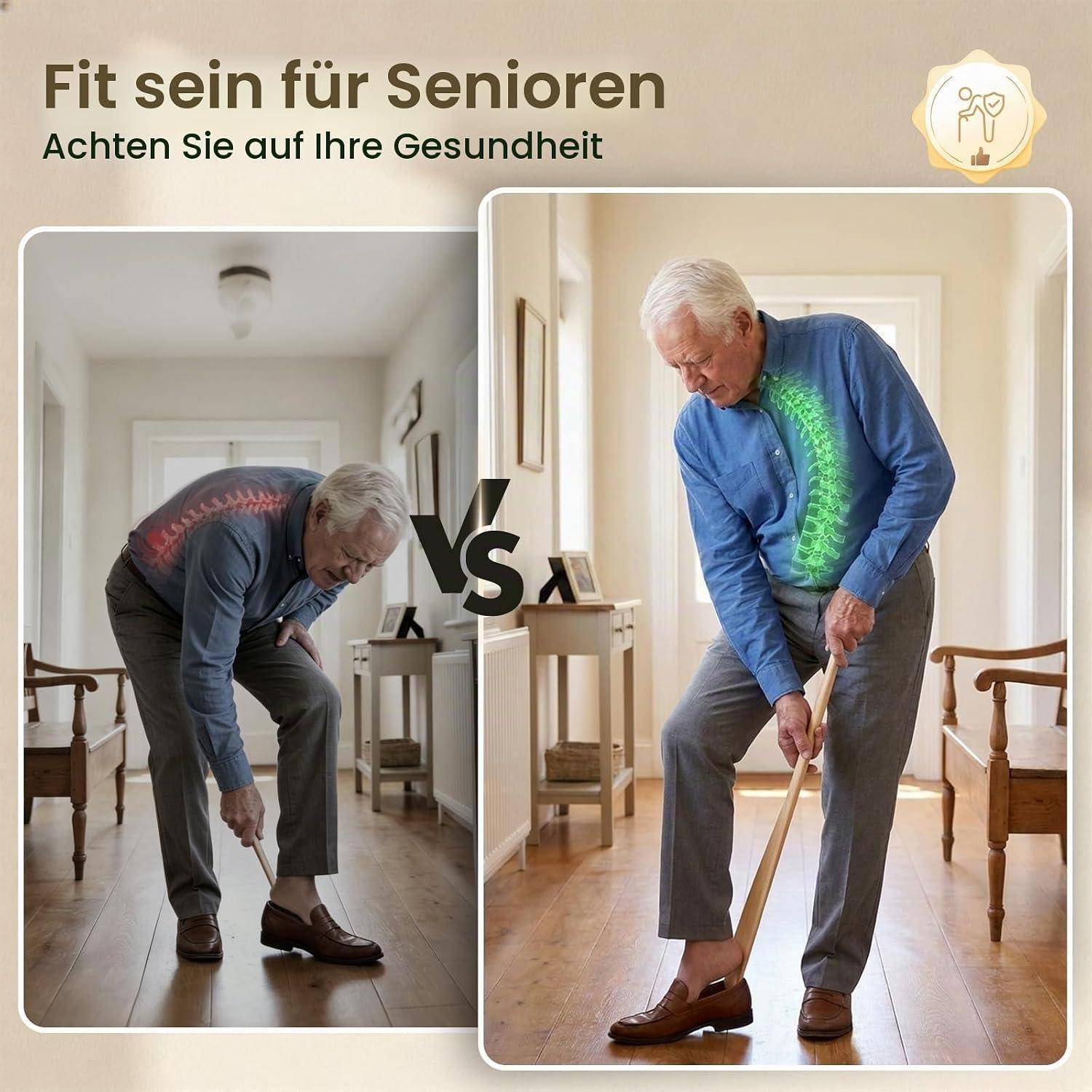 Gesundheitsvergleich für Senioren: Links ist ein älterer Mann mit Rückenschmerzen gebeugt dargestellt; rechts steht er aufrechter und nutzt einen Stock, wobei die Wirbelsäule hervorgehoben ist.