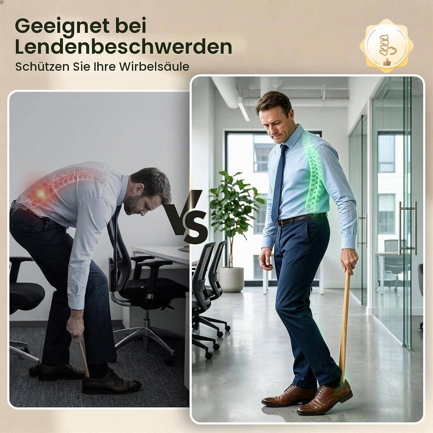 Schlechte Körperhaltung vs. Gute Körperhaltung bei Rückenschmerzen: Links zeigt ein Mann, der sich nach vorne beugt und Rückenschmerzen hat; rechts zeigt er ihn aufrecht stehend mit einem Gehstock, Wirbelsäule hervorgehoben, und „VS