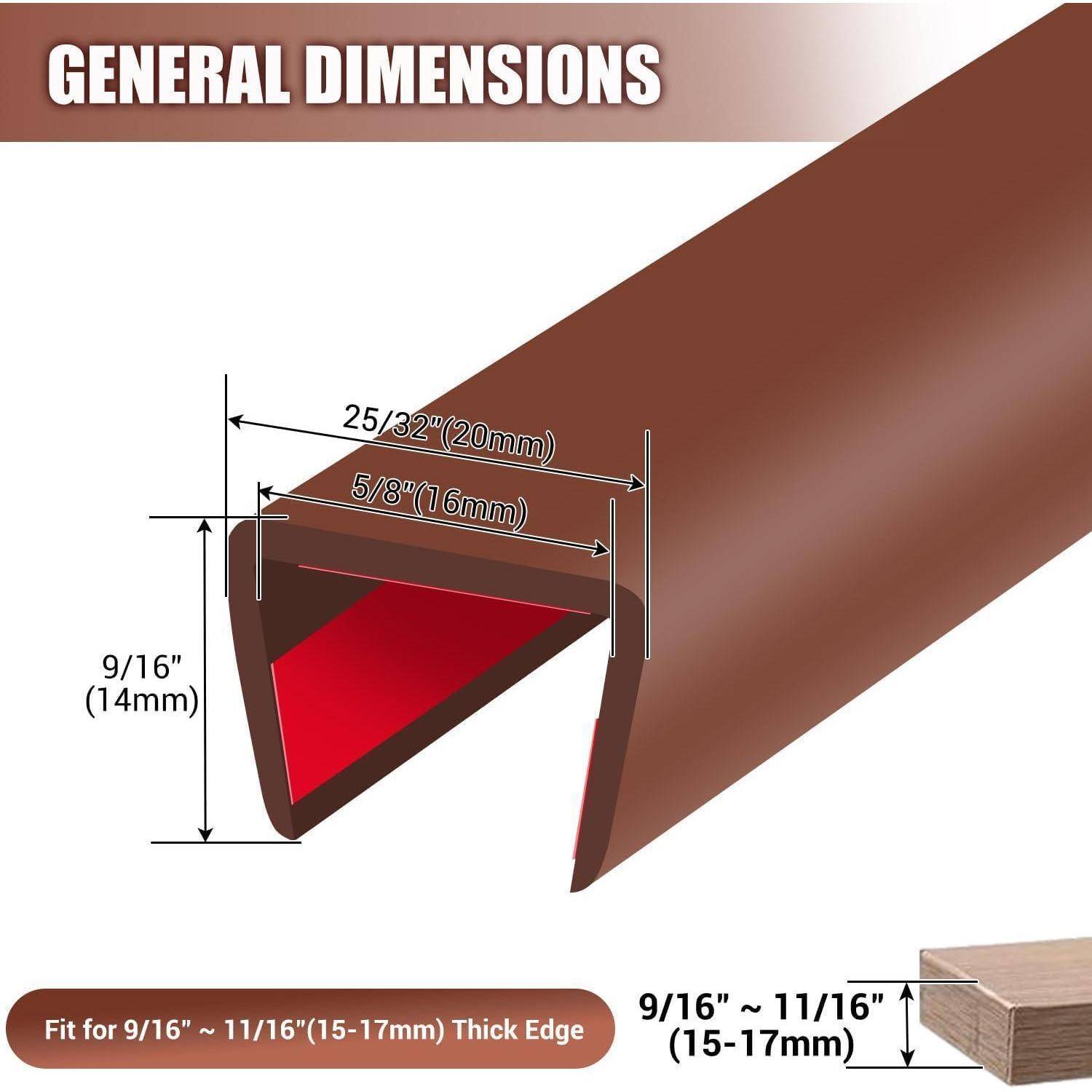 Dimensionszeichnung einer braunen Kantenschutzleiste für 9/16 bis 11/16 Zoll (15-17 mm) dicke Kanten, zeigt 25/32 Zoll obere Breite, 5/8 Zoll innere Breite und 9/16 Zoll Höhe.