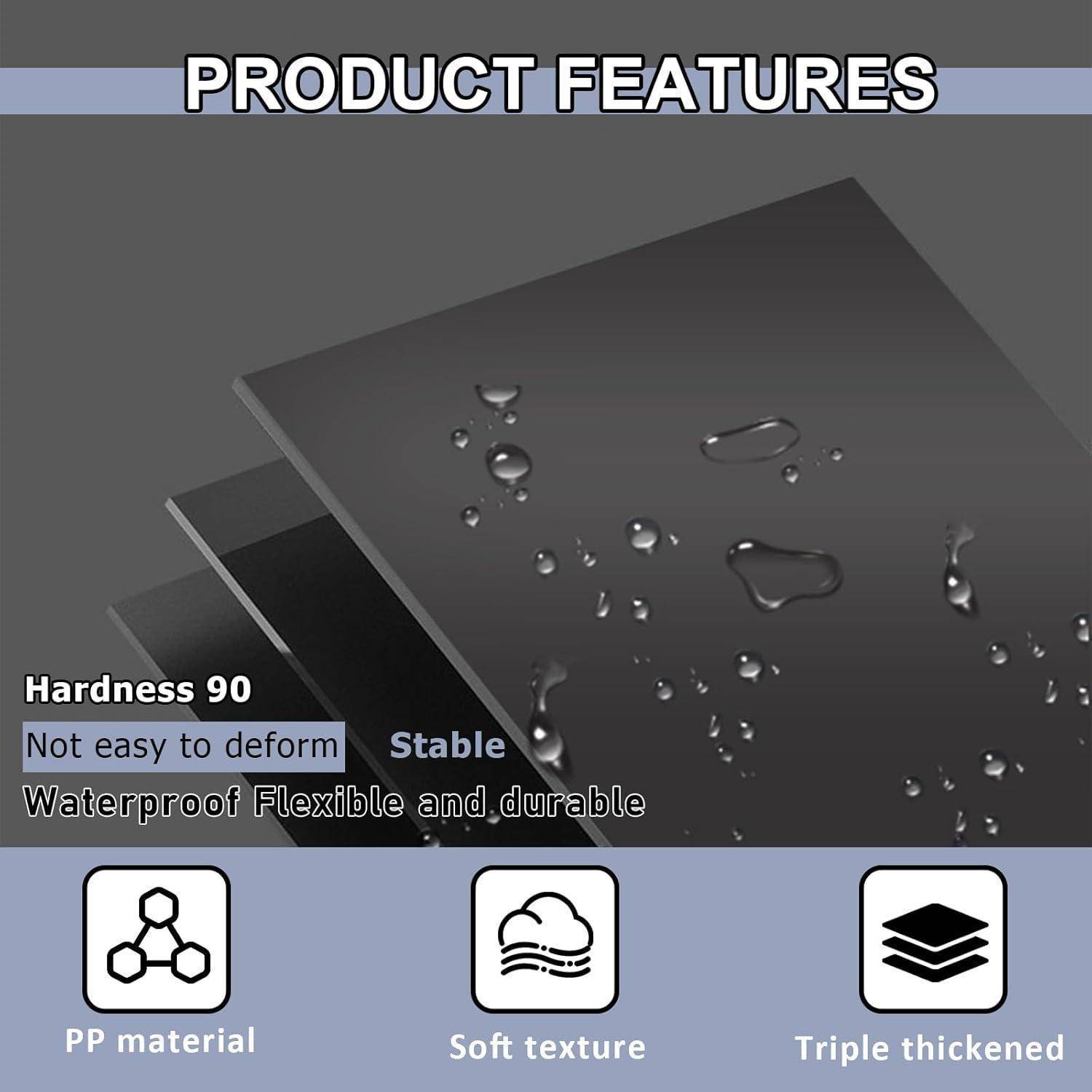 Produktmerkmale-Grafik mit wasserdicht, flexibel, strapazierfähigem PP-Material mit Härte 90, stabil, weicher Textur und dreifach verstärkten Schichten.