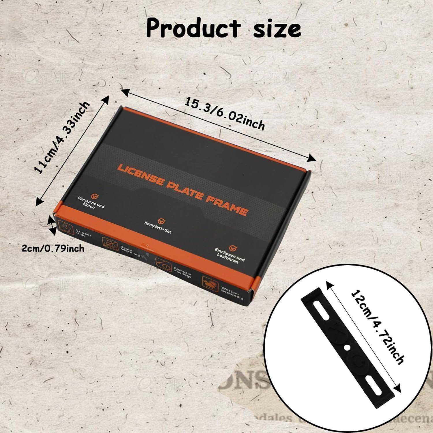 Produktgrößendiagramm für eine Kennzeichenrahmen-Box mit Abmessungen von 15,3/6,02 Zoll Länge, 11 cm/4,33 Zoll Breite und 2 cm/0,79 Zoll Höhe, plus eine 12 cm/4,72 Zoll Montageleiste.