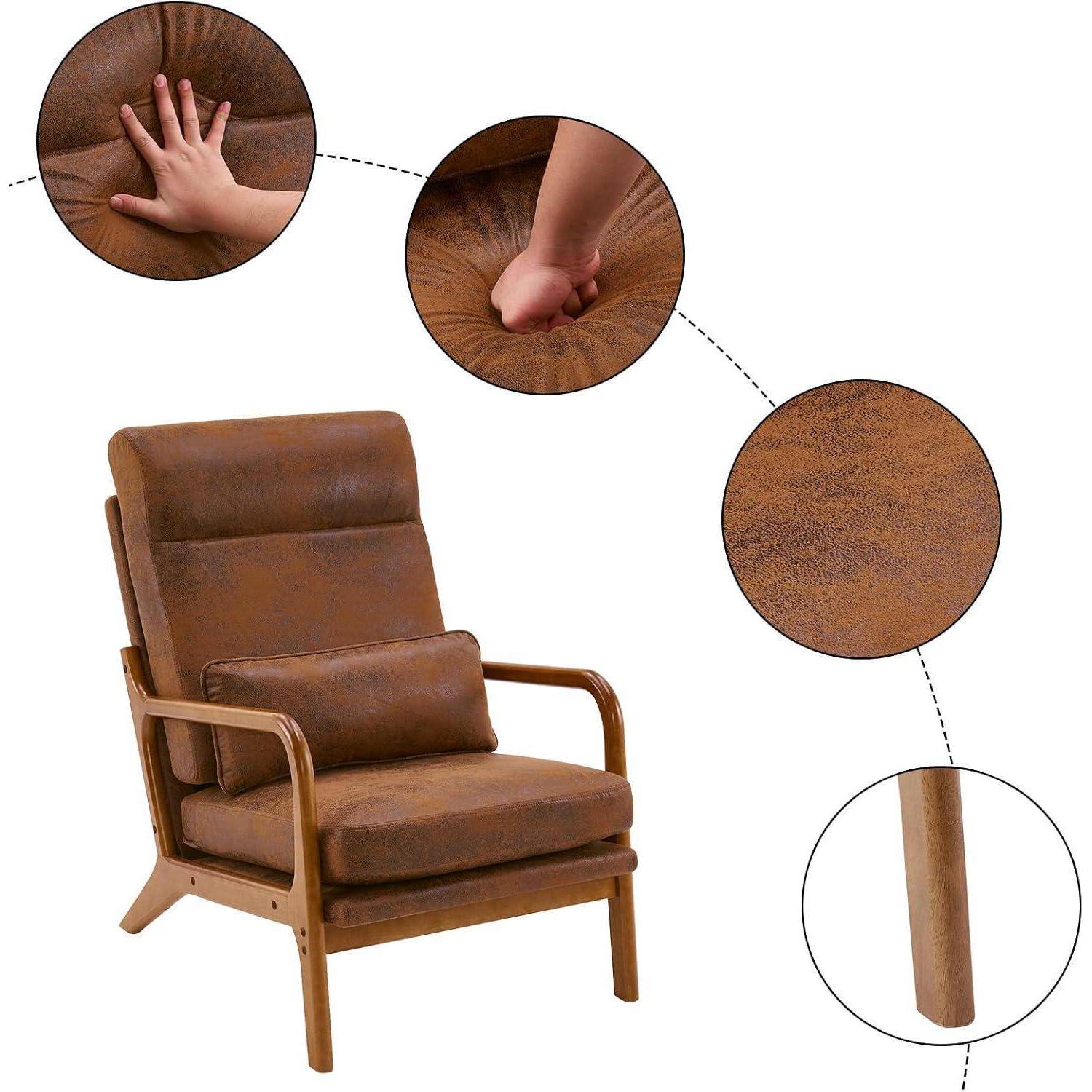 Braun gepolsterter Holzsessel mit Nahaufnahmen, die Handdruck, Faltenbildung und Beindetail zeigen, um Materialien und Textur hervorzuheben.