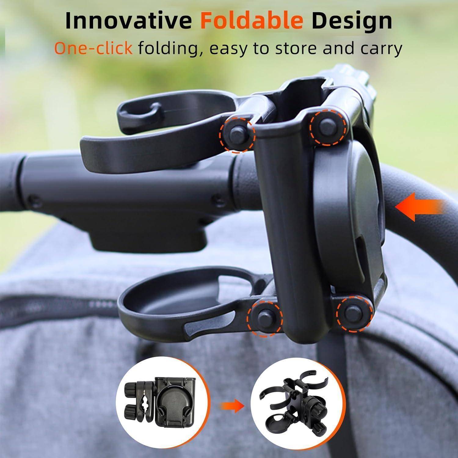 Faltbarer Getränkehalter für Kinderwagen mit Klemme und verstellbarem Ring, dargestellt im flach zusammengeklappten Zustand für einfache Lagerung und Transport.