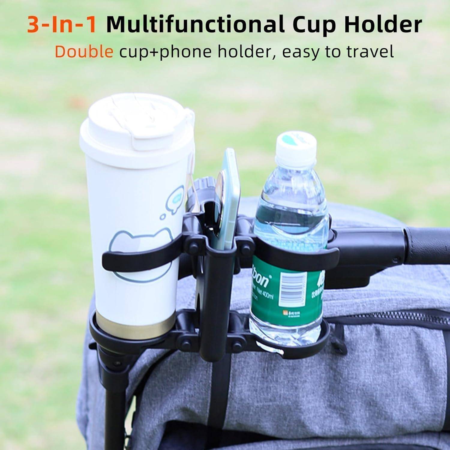 3-in-1 Multifunktionsgetränkehalter, der am Kinderwagengirff befestigt wird und eine Kaffeetasse, ein Telefon und eine Wasserflasche hält – ideal für einfaches Reisen.