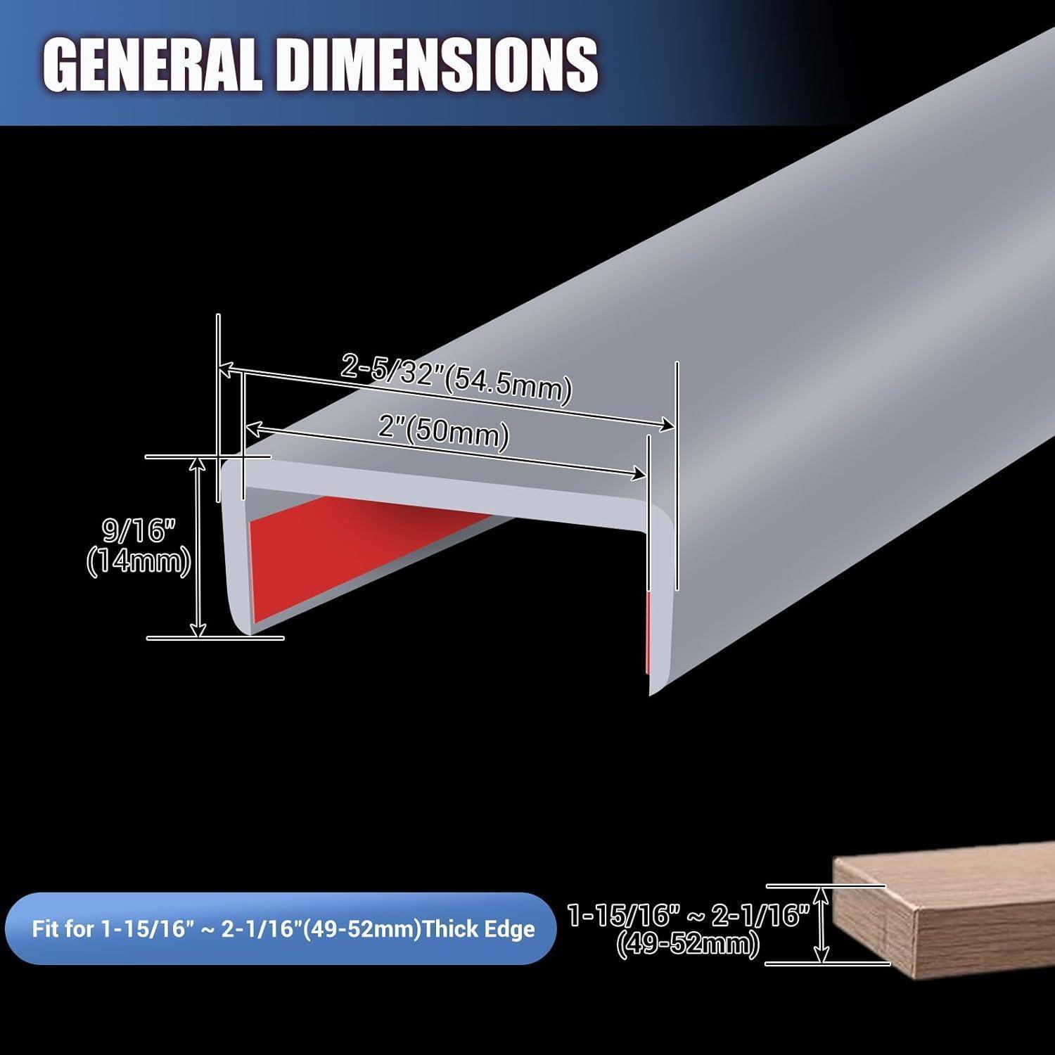 Diagramm einer Metallkantenschutzleiste mit Abmessungen: 2-5/32 Zoll (54,5 mm) breit, 2 Zoll (50 mm) Innenbreite, 9/16 Zoll (14 mm) hoch, passend für Kantenstärken von 1-15/16 bis 2-1/16 Zoll.