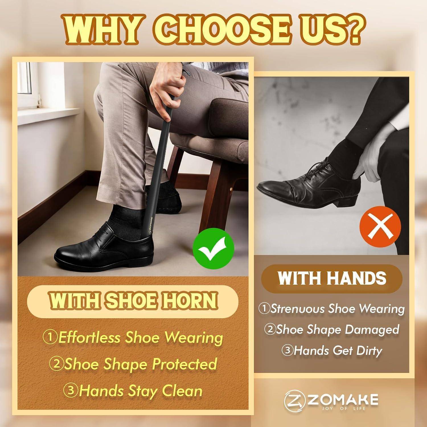 Werbevergleich zur Veranschaulichung der Verwendung von Schuhlöffeln versus Hände: links, eine Person zieht leicht einen Schuh mit einem Schuhlöffel an, gekennzeichnet als richtig; rechts, einen Schuh von Hand anzuziehen ist gekennzeichnet als falsch.