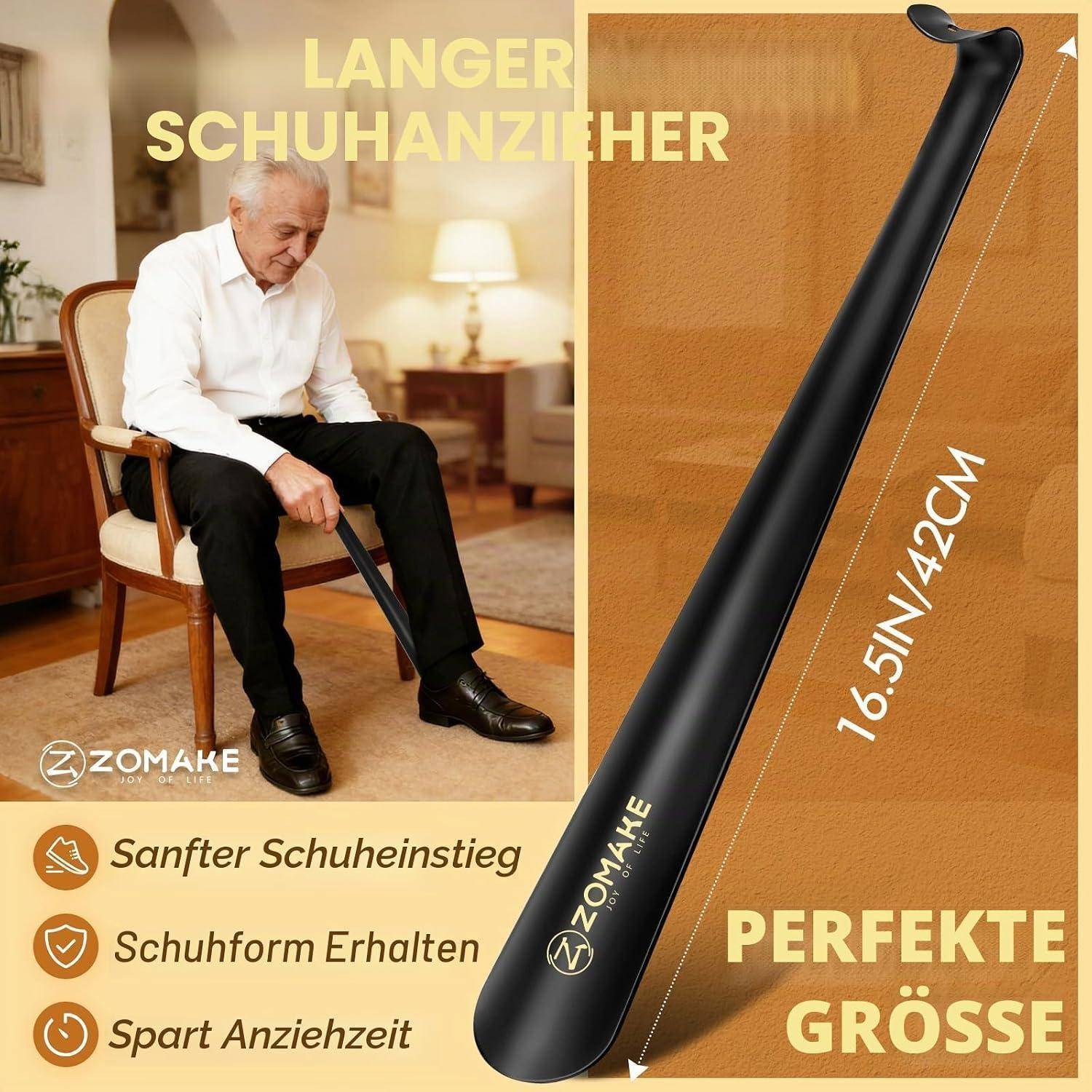 Anzeige für einen längeren Schuhlöffel, der einen älteren Mann beim Anziehen von Schuhen zeigt und das Produkt mit 16,5 Zoll/42 cm gekennzeichnet ist mit Vorteilen: leichteres Einführen des Schuhs, erhält die Schuhform, spart Zeit.