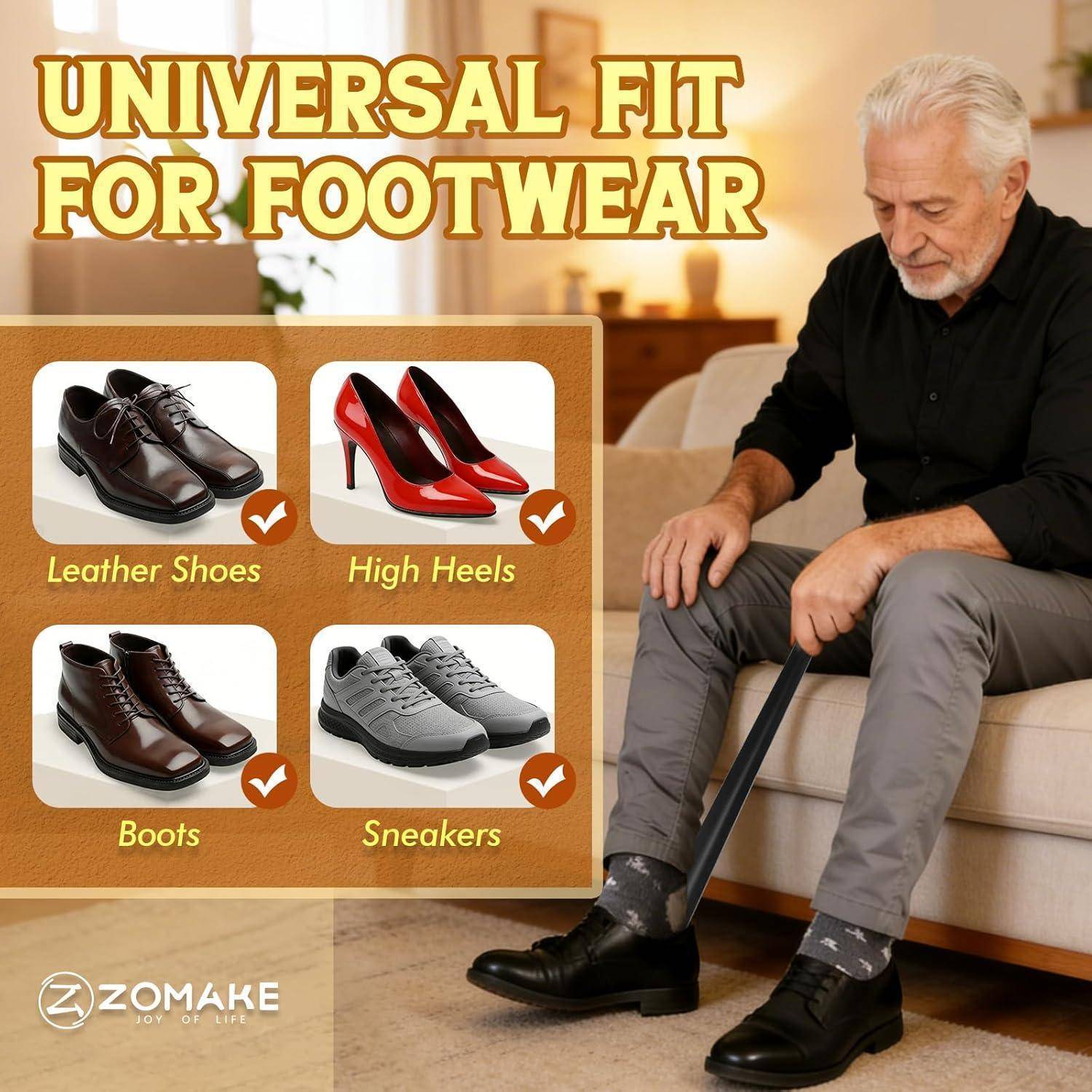 Eine Anzeige, die einen älteren Mann zeigt, der auf einem Sofa sitzt und einen Schuhlöffel anzieht, zur Bewerbung von 