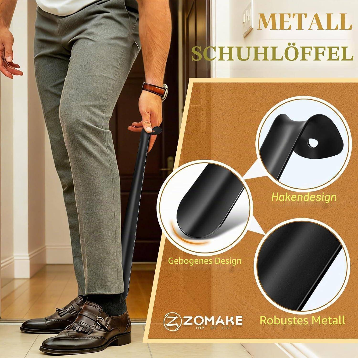 Mann, der einen Metallschuhlöffel verwendet, um Anzugsschuhe anzuziehen, neben Anzeigentext „METALLSCHUHLÖFFEL