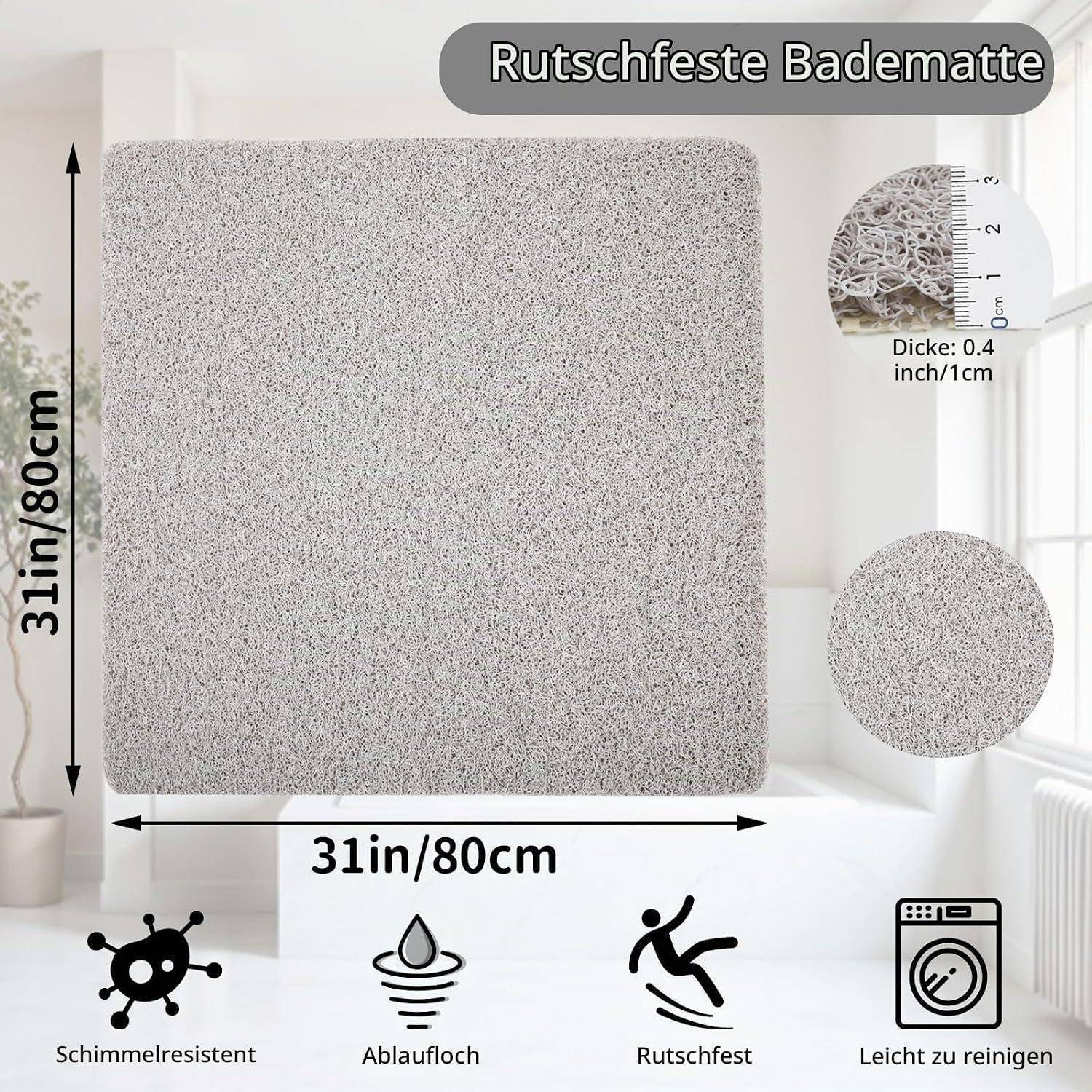 Quadratische graue rutschfeste Badematte, 31 x 31 Zoll, 0,4 Zoll dick, mit Etiketten für Schimmelresistenz, Ablöcher, Rutschfestigkeit und einfache Reinigung.