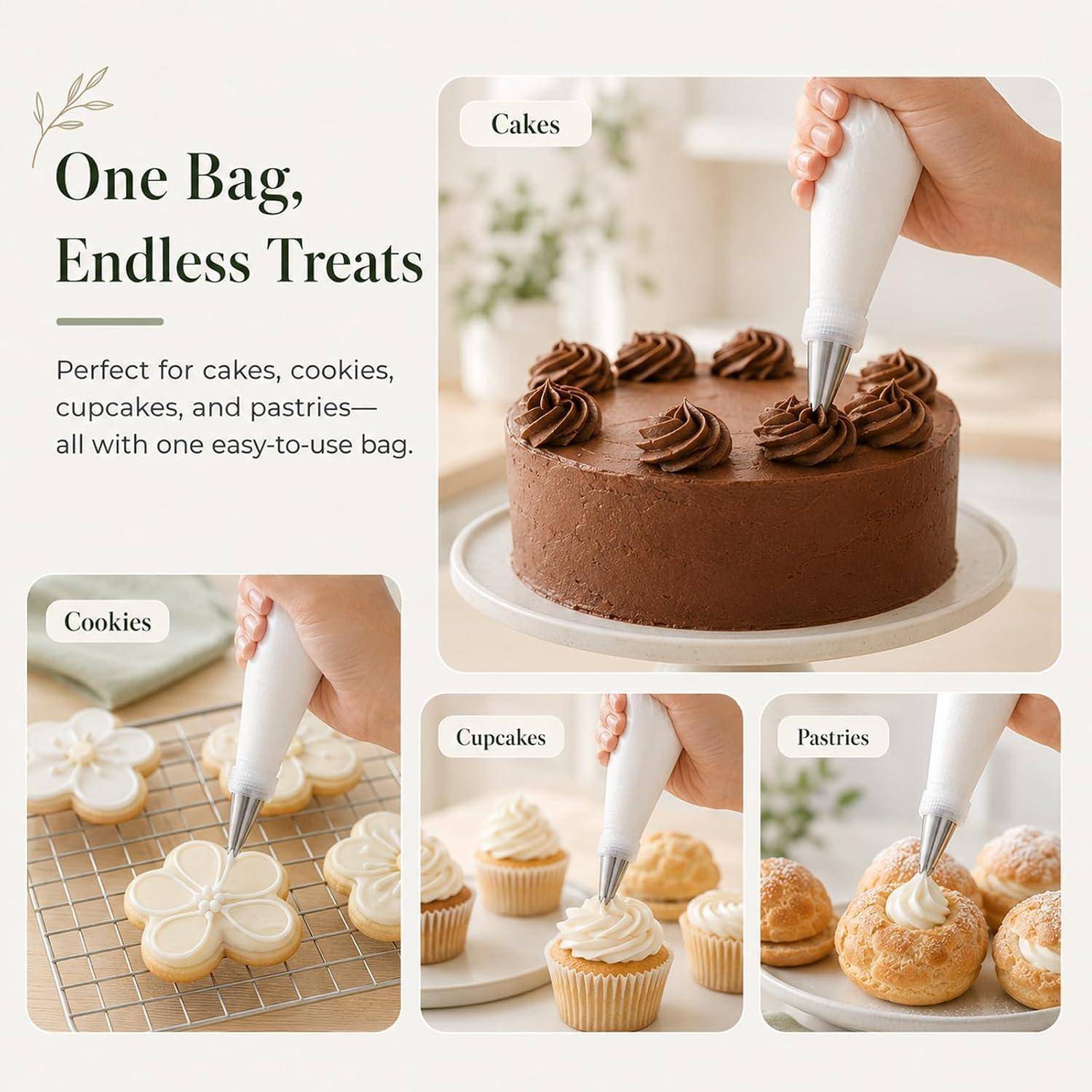 Werbegrafik zum Backen, die einen Spritzbeutel zeigt, der zum Verzieren von Kuchen, Keksen, Cupcakes und Gebäck verwendet wird, mit der Schlagzeile „Ein Beutel, endlose Leckereien