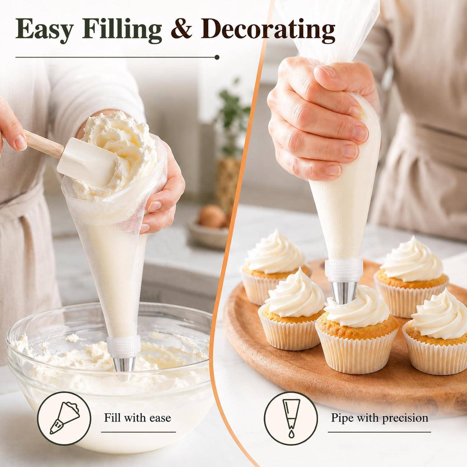Werbebildaufteilung mit einer Spritztüte, die mit Frosting gefüllt wird, und die zum Dekorieren von Cupcakes verwendet wird; der Text lautet „Einfaches Füllen & Dekorieren