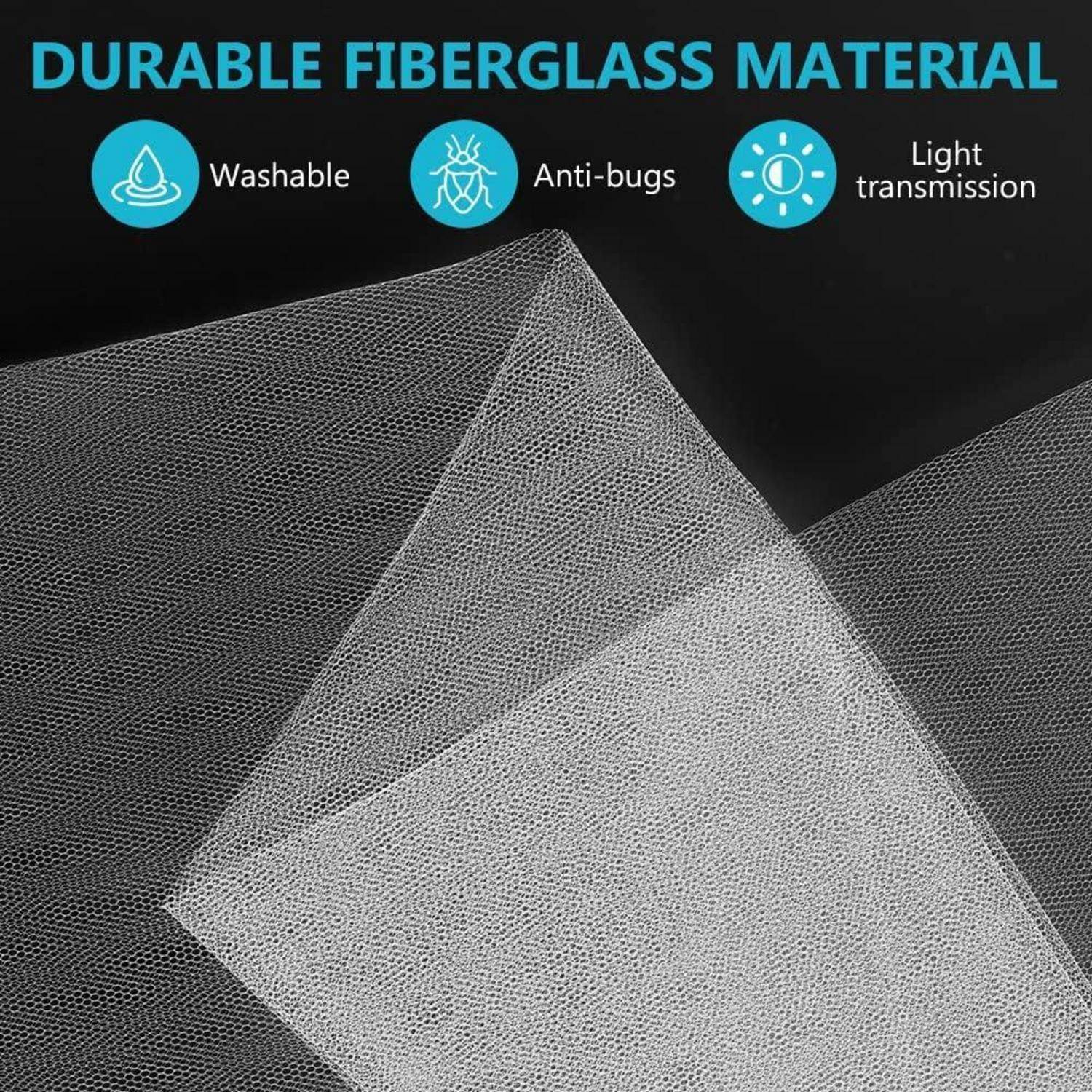 Langlebares Glasfasergewebe mit Beschriftungen für waschbar, insektensicher und Lichttransmission.