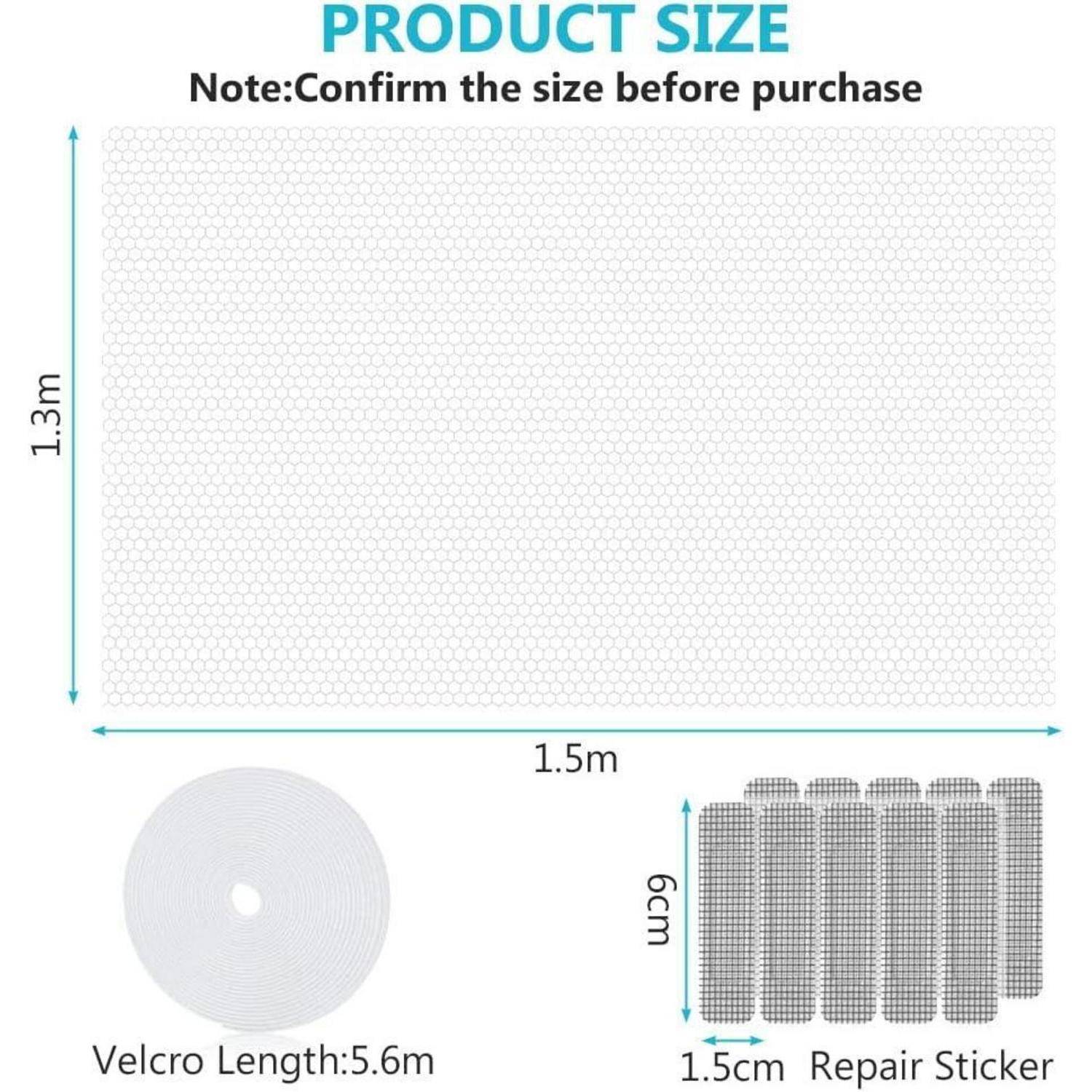 Produktgrößen-Diagramm mit einer 1,5 m × 1,3 m Matte, Klettverschluss-Länge 5,6 m und Reparaturaufkleber 6 cm × 1,5 cm; Notiz besagt, Größe vor dem Kauf bestätigen.