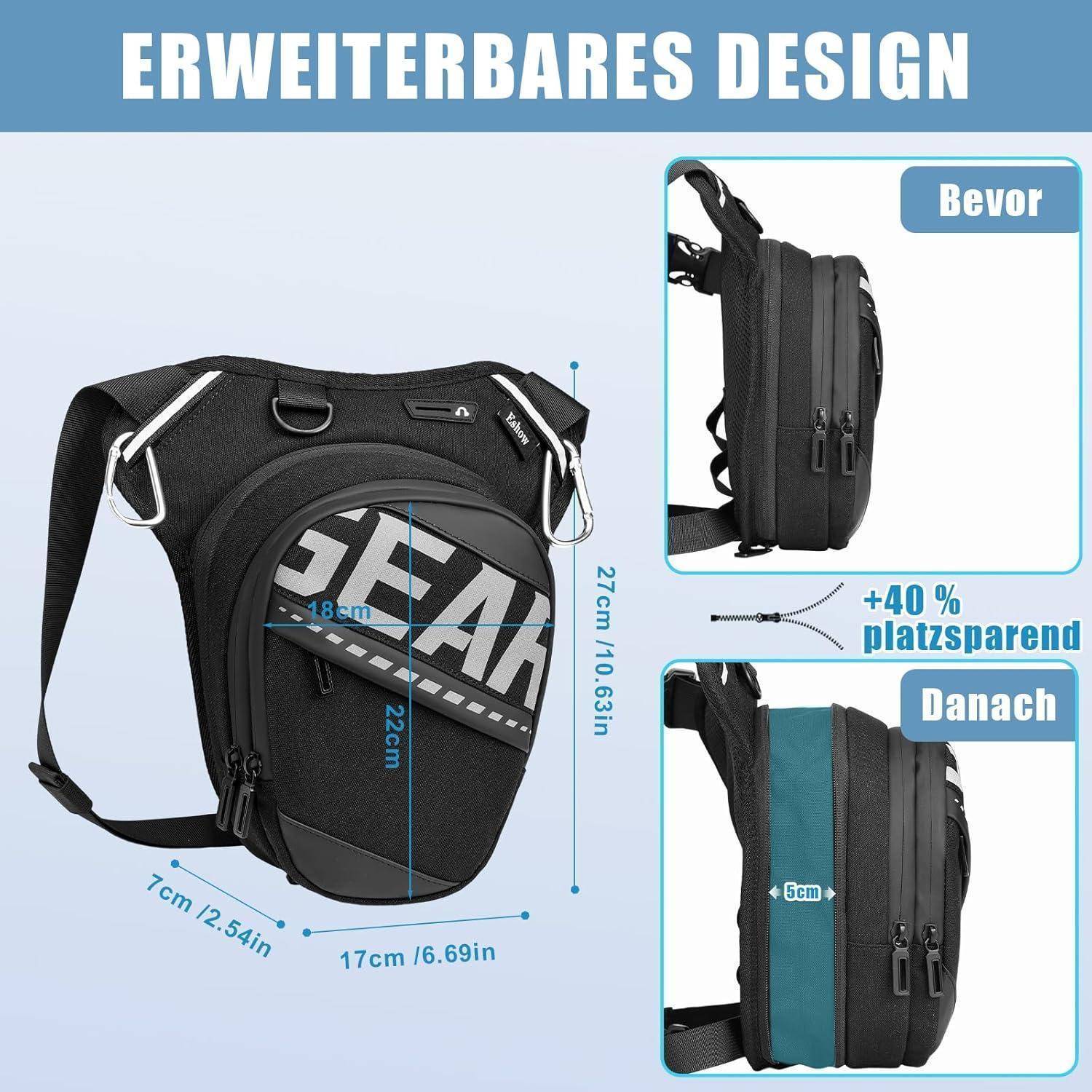 Deutsches Produktgrafik mit einer erweiterbaren schwarzen Schultertasche, mit Größenmessungen und Vorher-Nachher-Seitenansichten, die eine Platzersparnis von 40% anzeigen.
