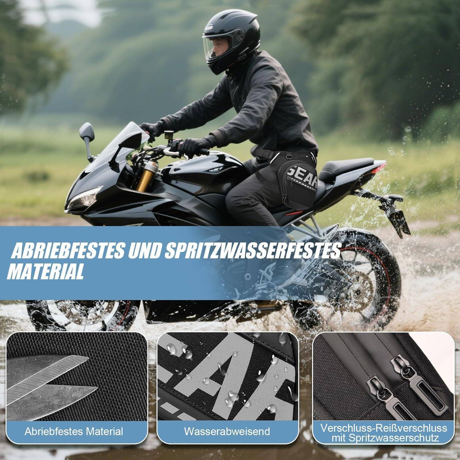 Motorradfahrer, der durch Wasser fährt, zeigt abriebfestes und spritzwasserbeständiges Material; eingefügte Nahaufnahmen mit Beschriftungen "Abriebfestes Material"", ""Wasserabweisend"" und ""Verschluss-Reißverschluss mit Spritzwasserschutz"".
