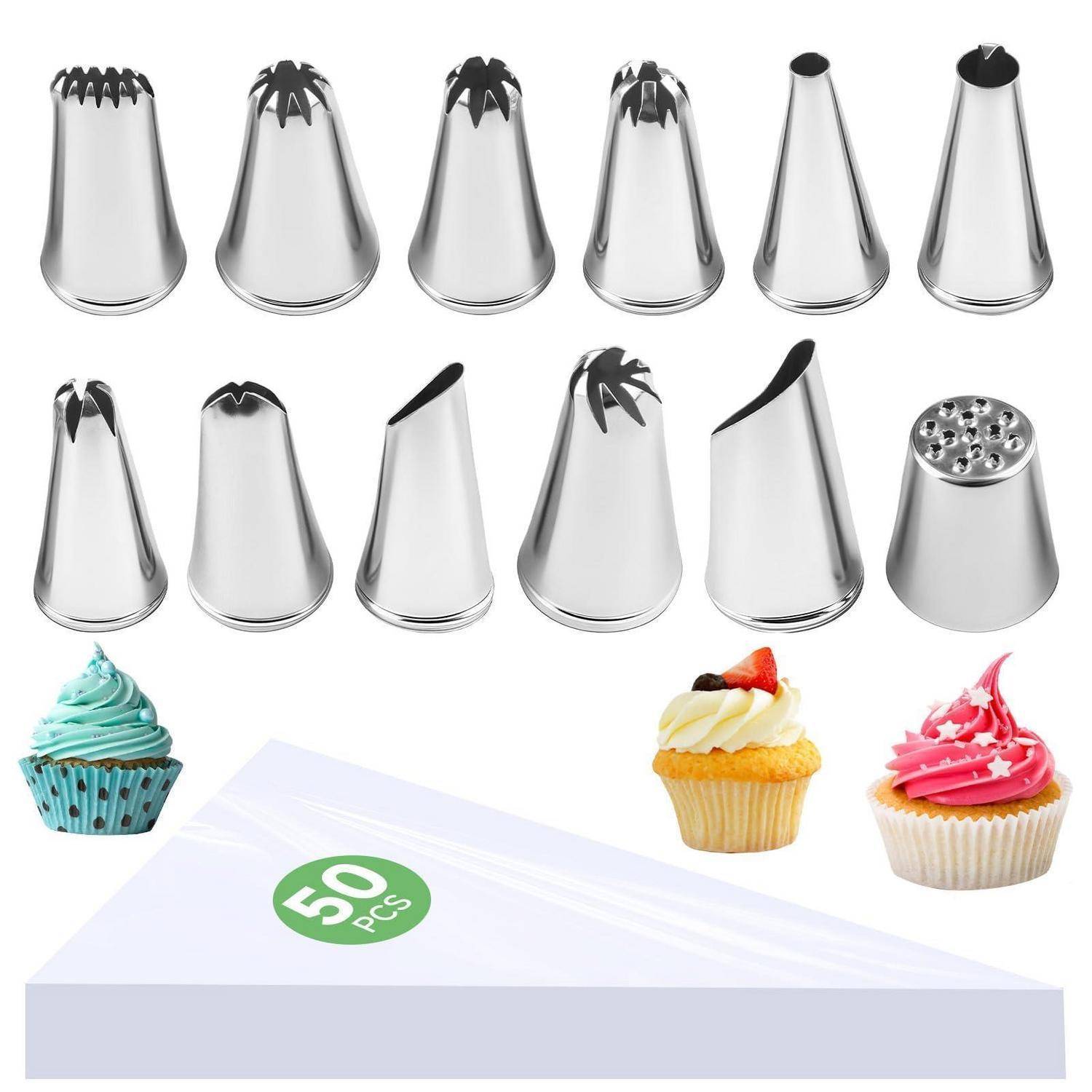 Satz von 50 Edelstahl-Gebäckspritzern und Kupplungen, gezeigt mit Beispiel-Zuckergussdesigns auf Cupcakes und in einer Aufbewahrungsbox.