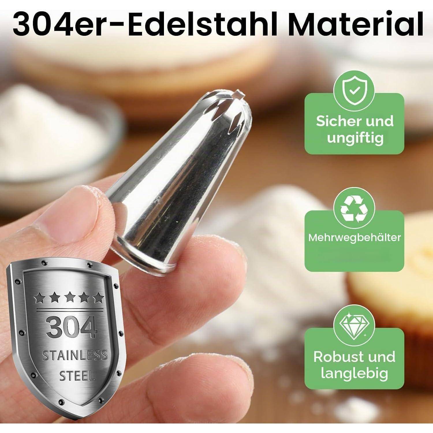 Hand hält eine polierte Edelstahldüsenspitze aus 304er-Edelstahl; deutsche Etiketten sagen „Sicher und ungiftig