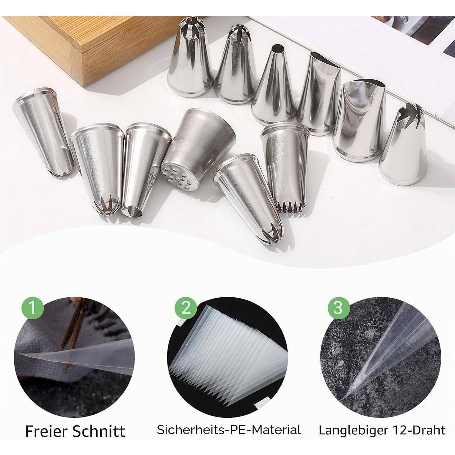 Satz aus Edelstahlrohr-Düsen und drei Detailaufnahmen mit Sprühspitzen, PE-Material und eine 12-fach haltbare Düse.