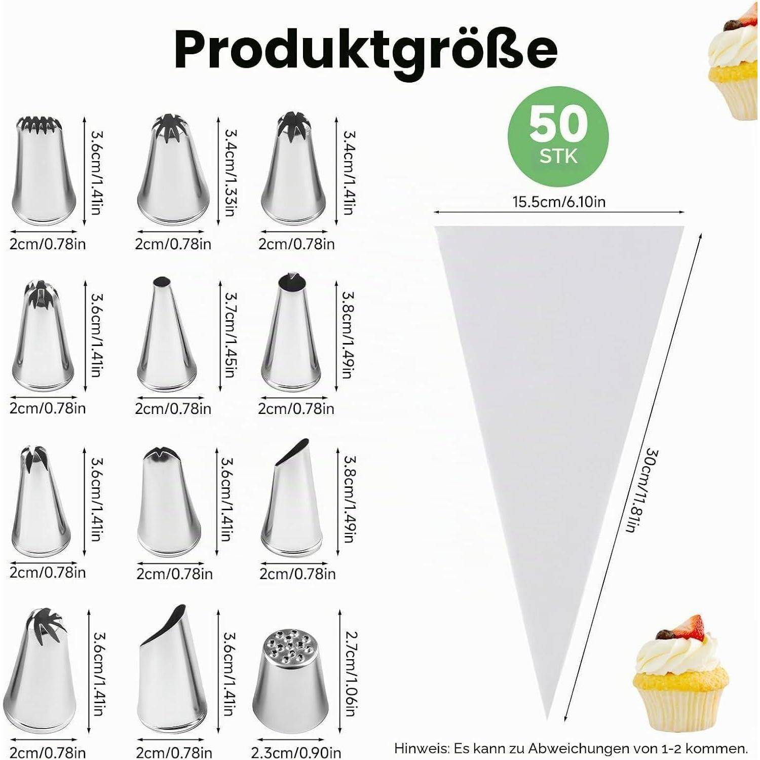 Größentabelle für Produkt mit 50 Spritzbeuteltüllen, zeigt mehrere Tüllenformen mit Abmessungen und die Beutelöffnung 15,5 cm breit mal 30 cm hoch.