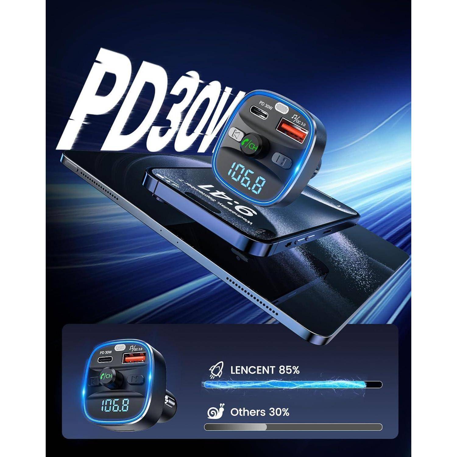 Werbebild eines PD30W-Autoladeräts mit zwei Anschlüssen und digitalem Display, das mit dem Anspruch einer Ladegeschwindigkeit von „LENCENT 85%