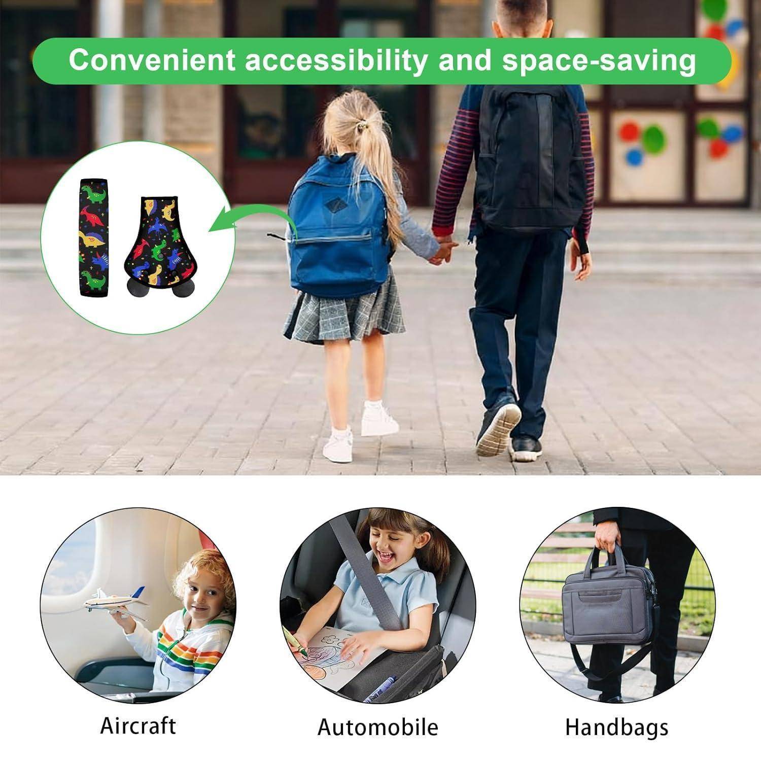 Werbegrafik mit Kindern, die einen Rucksack tragen; Ausschnitt zeigt einen kompakten gefalteten Sitz/eine Schutzabdeckung, mit Beschriftungen „Flugzeug", „Automobil"" und „Handtaschen"", die Reiseverwendung anzeigen.