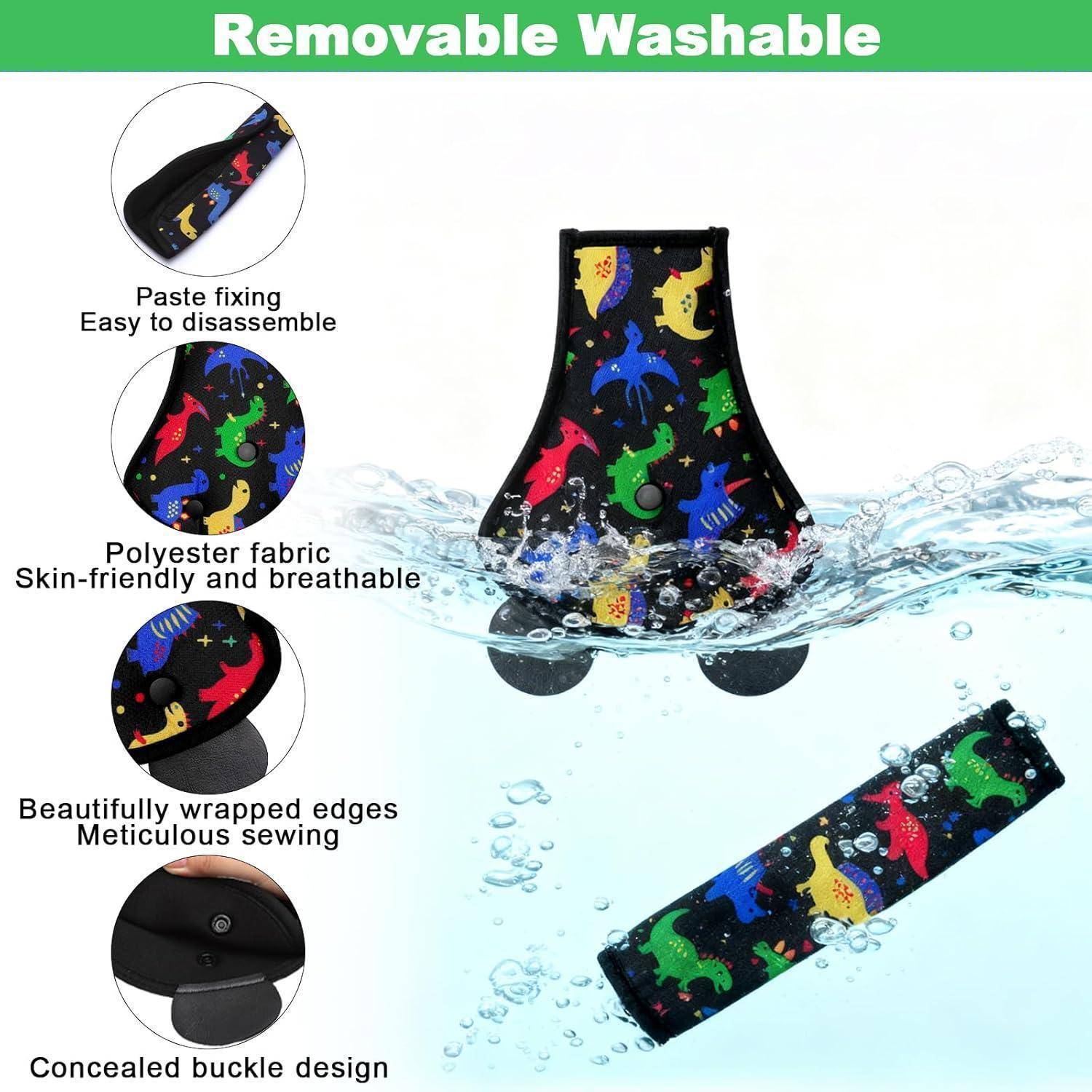 Werbegrafikfür eine abnehmbare, waschbare Stoffabdeckung mit einem farbenfrohen, dinosauriermusterten Beutel im Wasser und Beschriftungen für einfache Demontage, atmungsaktives Polyester, umwickelte Kanten und verborgenem Schnallenverschluss.