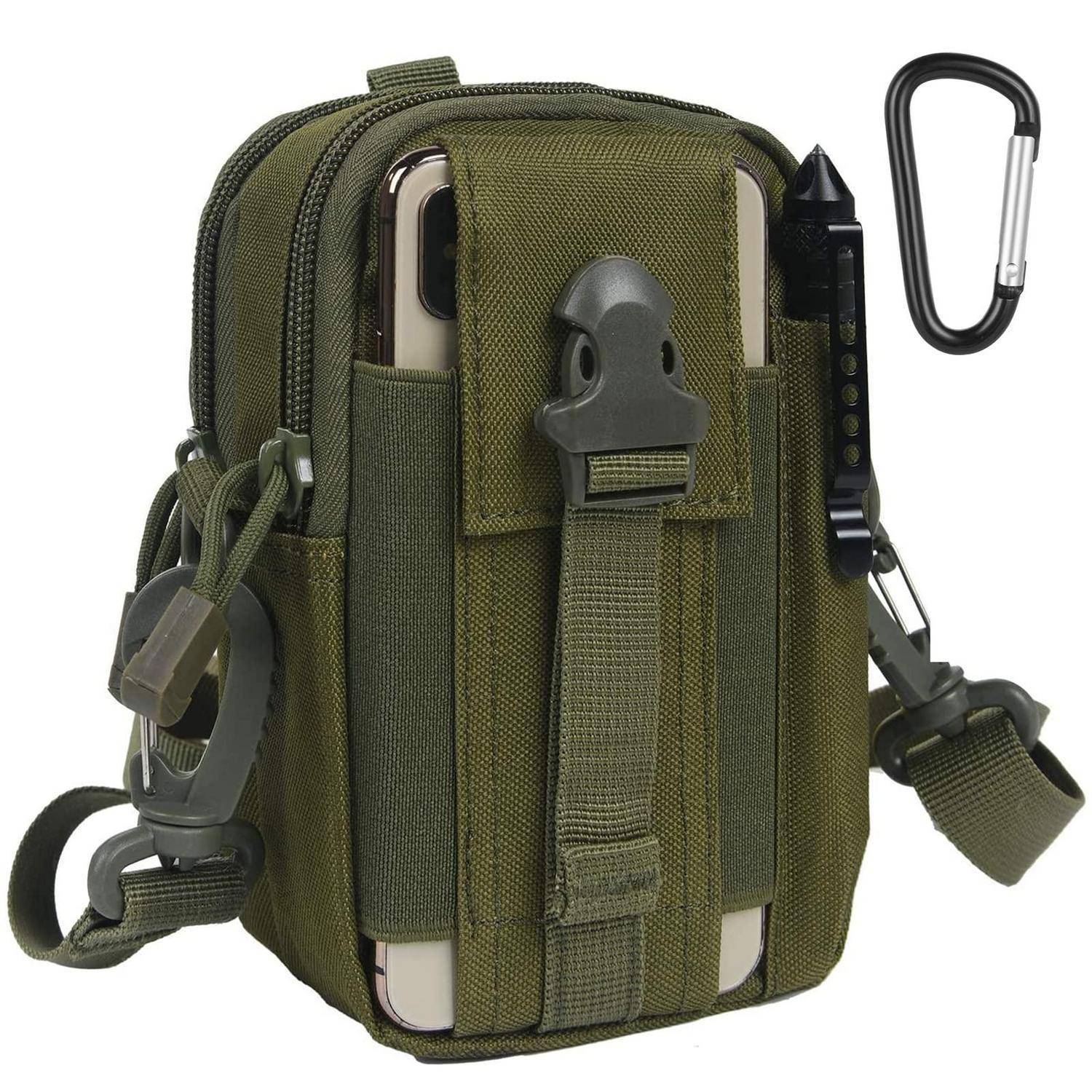 Olivgrüne taktische Tasche mit Frontverschluss und Riemen, Seitenklemmen und angebrachtem Karabiner zum Halten eines Smartphones
