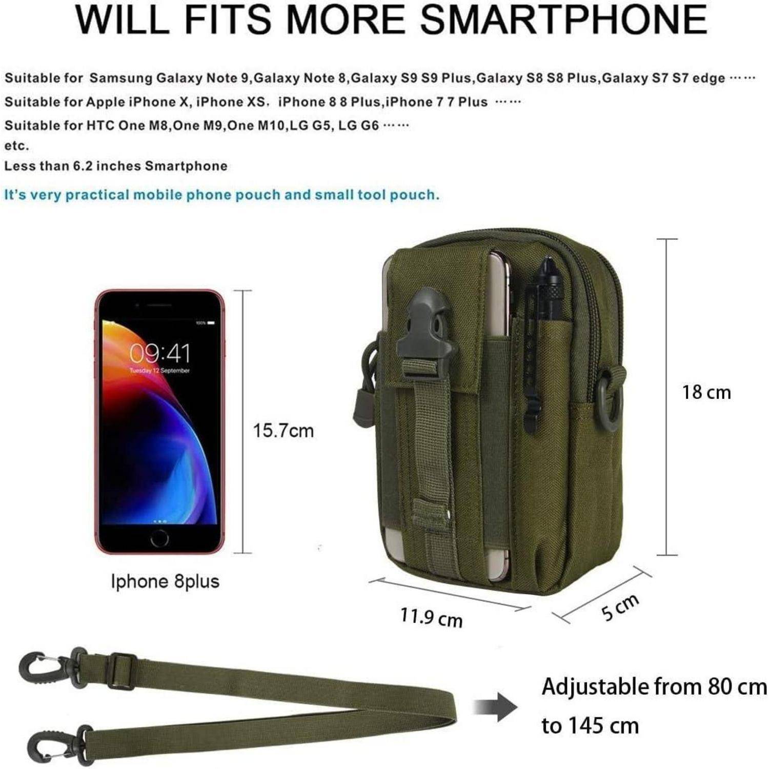 Produktgrößenleitfaden mit einer grünen Handytasche: passt für Smartphones unter 6,2 Zoll, mit Abmessungen von 18 cm x 11,9 cm x 5 cm und verstellbarem Riemen von 80 bis 145 cm.