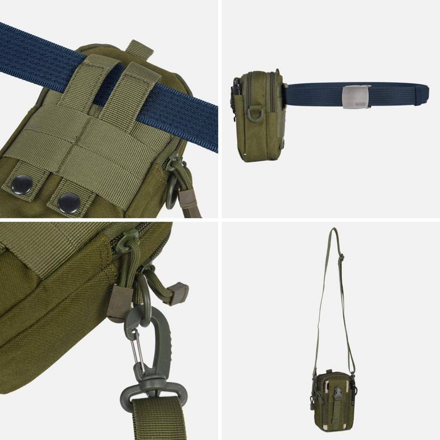 Olivgrüne taktische Tasche mit MOLLE-Riemen und Clip, gezeigt aus mehreren Blickwinkeln mit Schultergurt und Befestigungsdetails.
