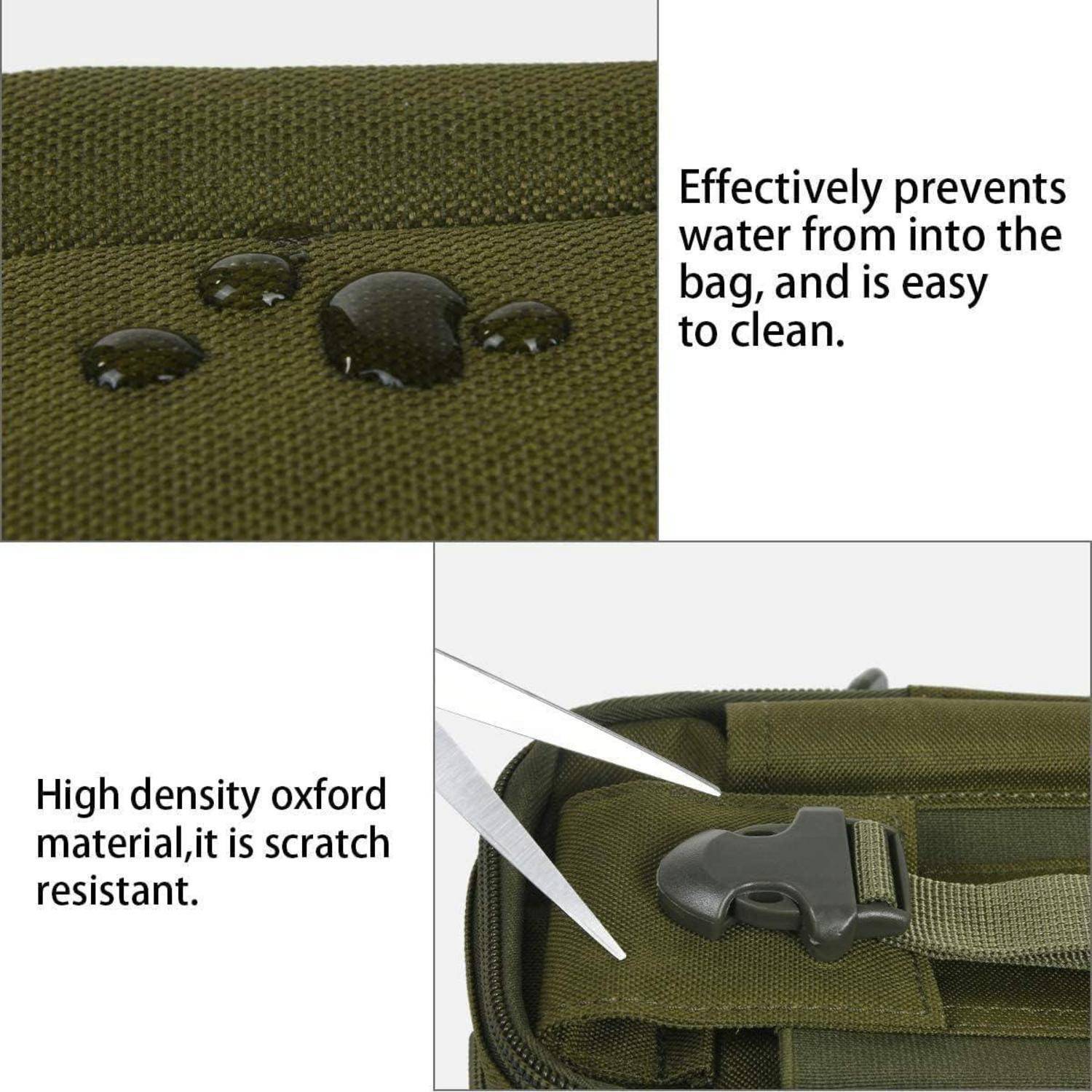 Zusammengesetztes Produktbild einer olivgrünen Tasche, die Wasserperlen auf kratzfestem, hochdichtem Oxford-Stoff zeigt, sowie eine Nahaufnahme der Riemenschnalle und des Reißverschlusses.
