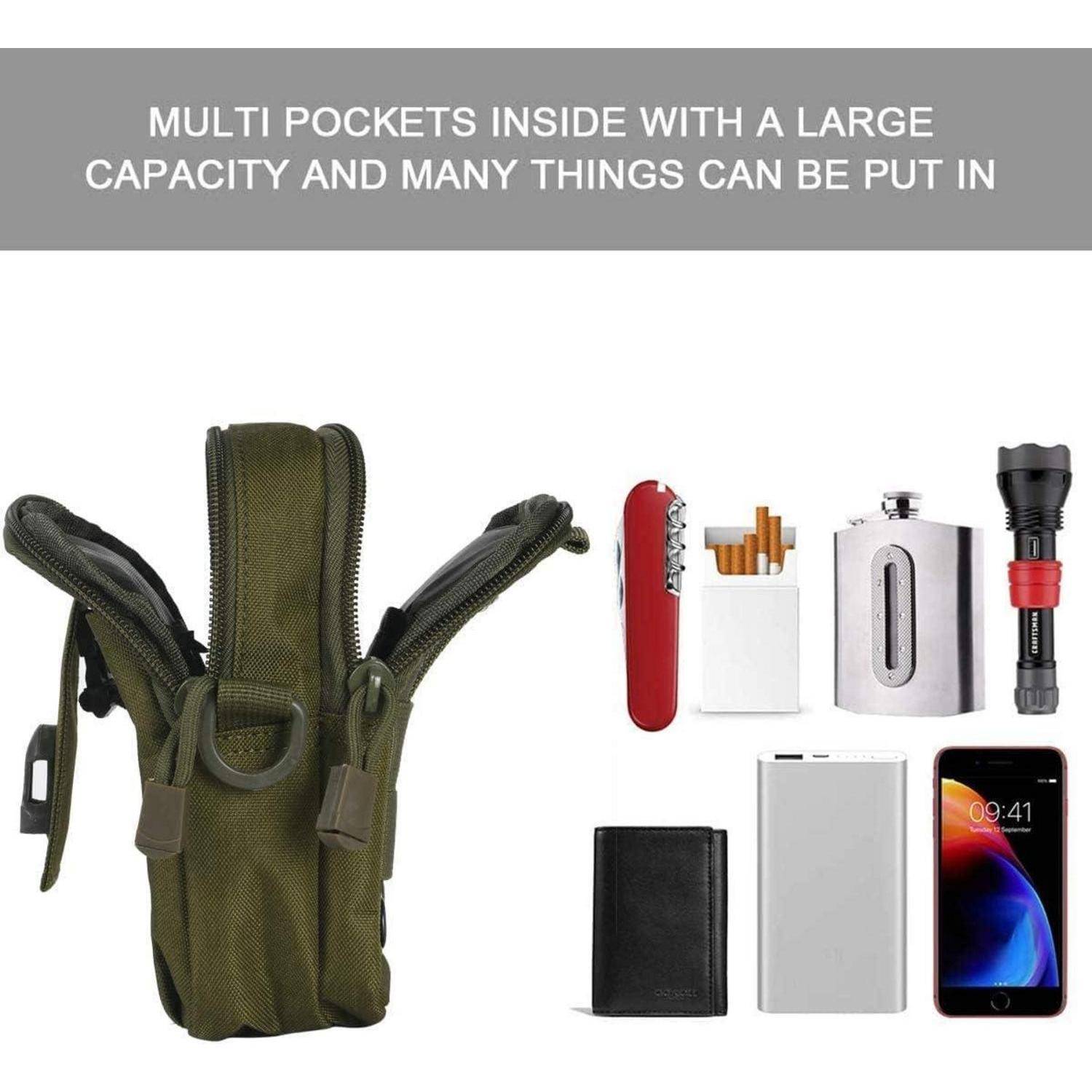 Grünes Multitaschen-Etui, offen dargestellt, demonstriert großvolumigen Stauraum für ein Schweizer Taschenmesser, Feuerzeug, Flasche, Taschenlampe, Geldbörse, Powerbank und Telefon.