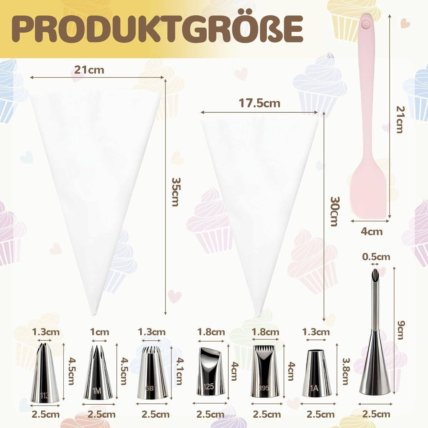 Produktgrößen-Infografik mit Gebäckspritzbeuteln und Metalldekorationstüllen mit beschrifteten Abmessungen in Zentimetern.