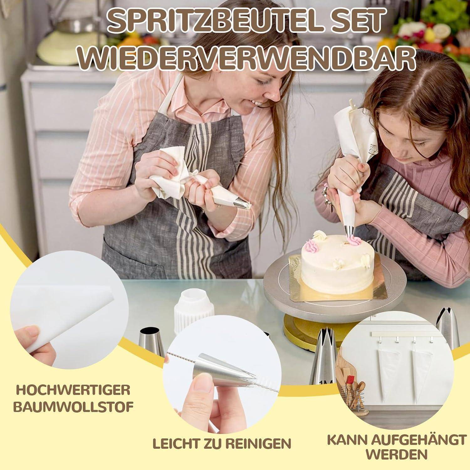 Zwei Frauen dekorieren einen Kuchen mit wiederverwendbaren Spritzbeuteln; der deutsche Text hebt waschbare Baumwolle, einfache Reinigung und Hängelagerung hervor.