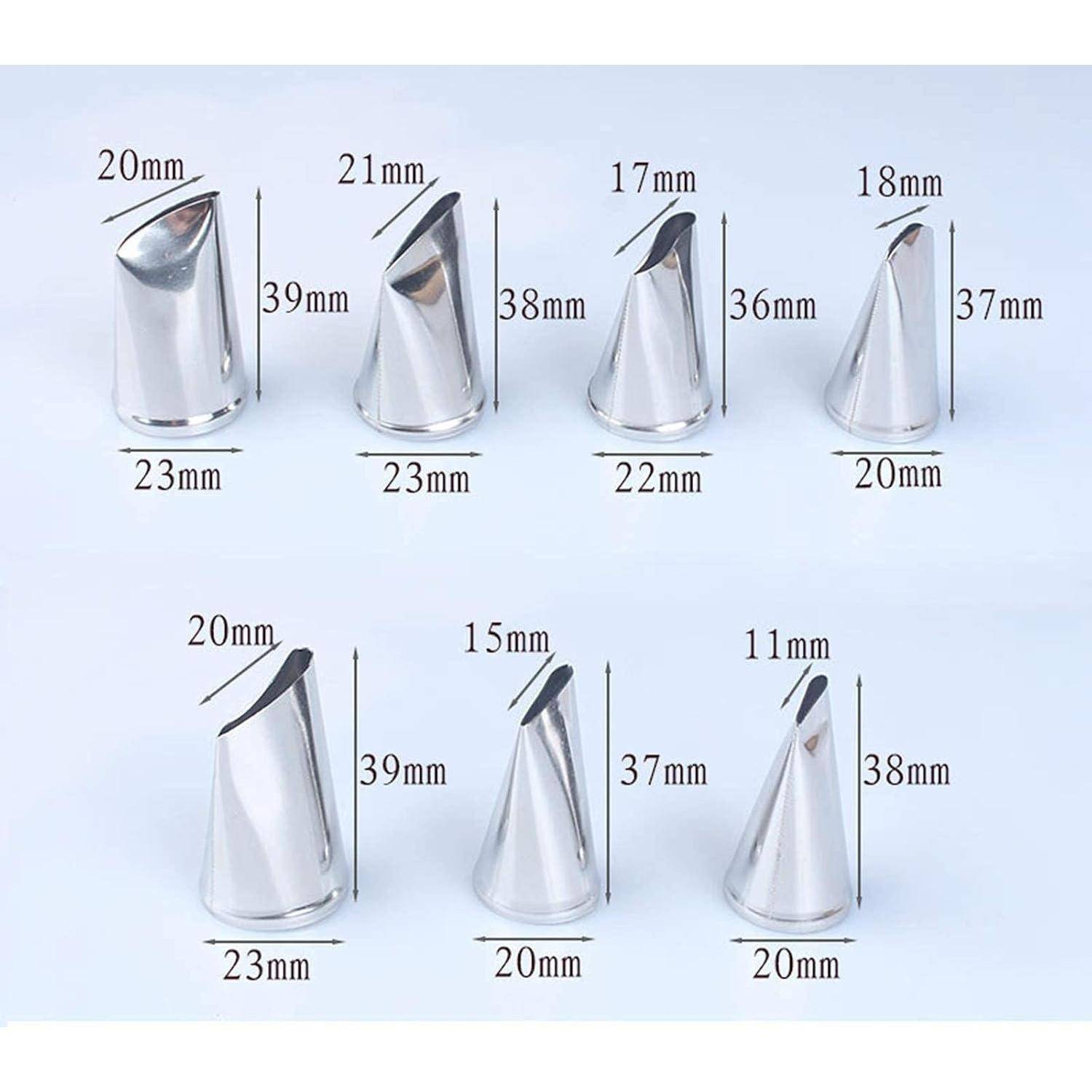 Sechs silberfarbene Metallrohrnozzles, gezeigt in zwei Reihen, jede mit unterschiedlichen Spitzenbreiten und Abmessungen in Millimetern gekennzeichnet.
