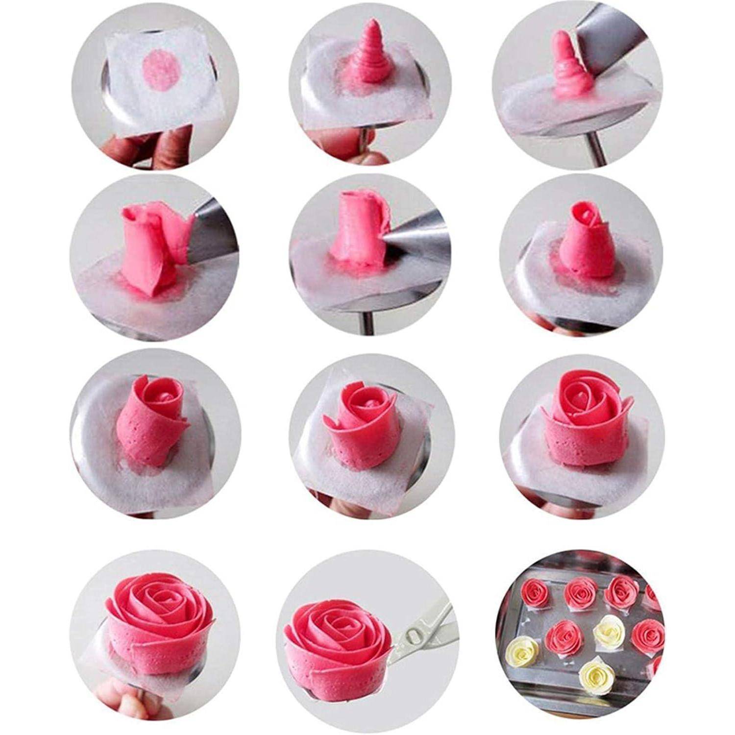 Schritt-für-Schritt-Anleitung zum Rollen und Formen von rosa Creme oder Fondant zu einer Rose, endend mit fertigen Rosendekora­tionen auf einem Tablett.