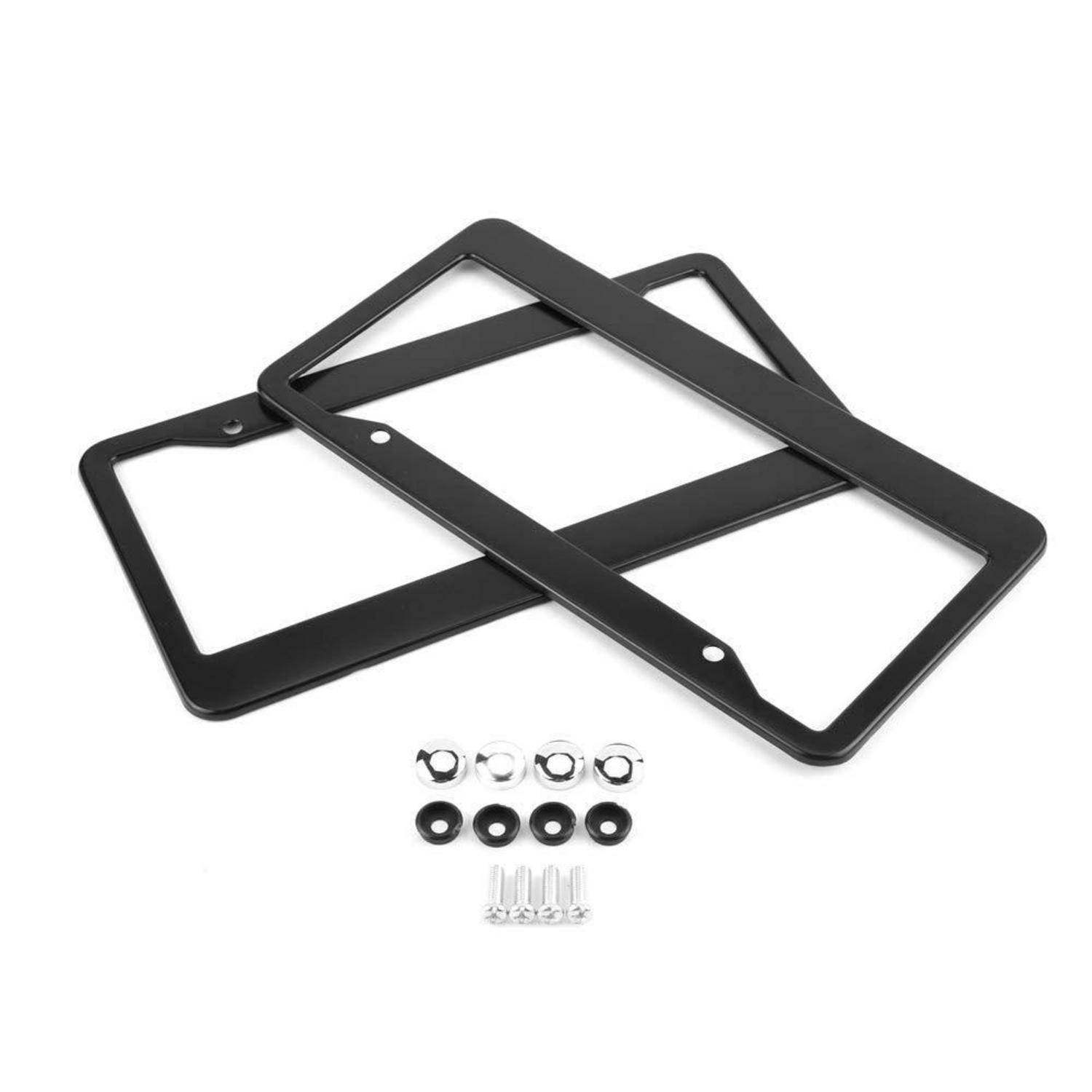 Schwarzes Metall-Kennzeichenrahmen-Set mit zwei überlappenden rechteckigen Rahmen, vier Bolzen, Muttern und Unterlegscheiben auf weißem Hintergrund.
