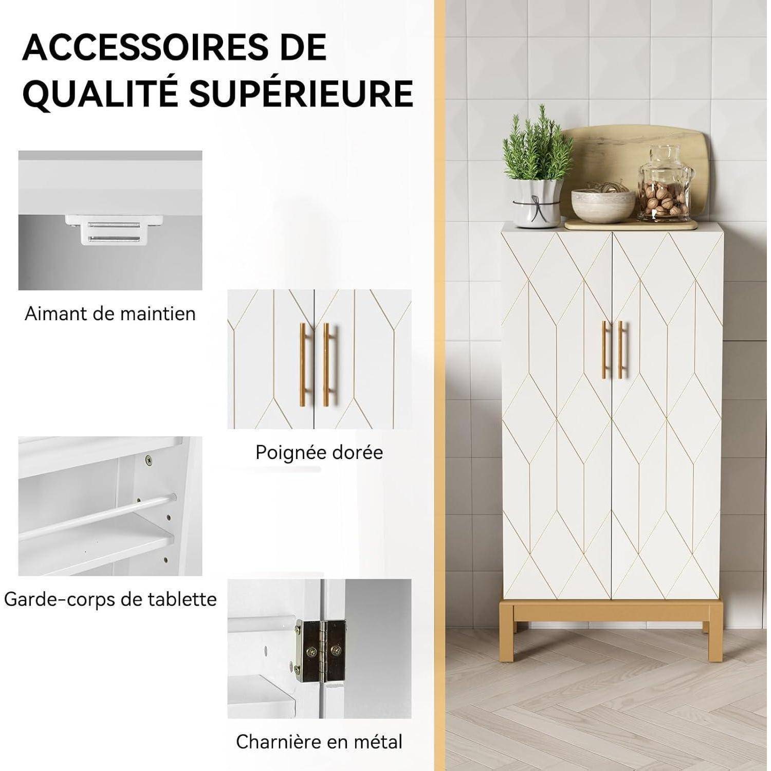 Französische Produktgrafik, die einen weißen Schrank mit goldenen Griffen und Beinen zeigt, mit der Beschriftung „ZUBEHÖR VON HÖCHSTER QUALITÄT
