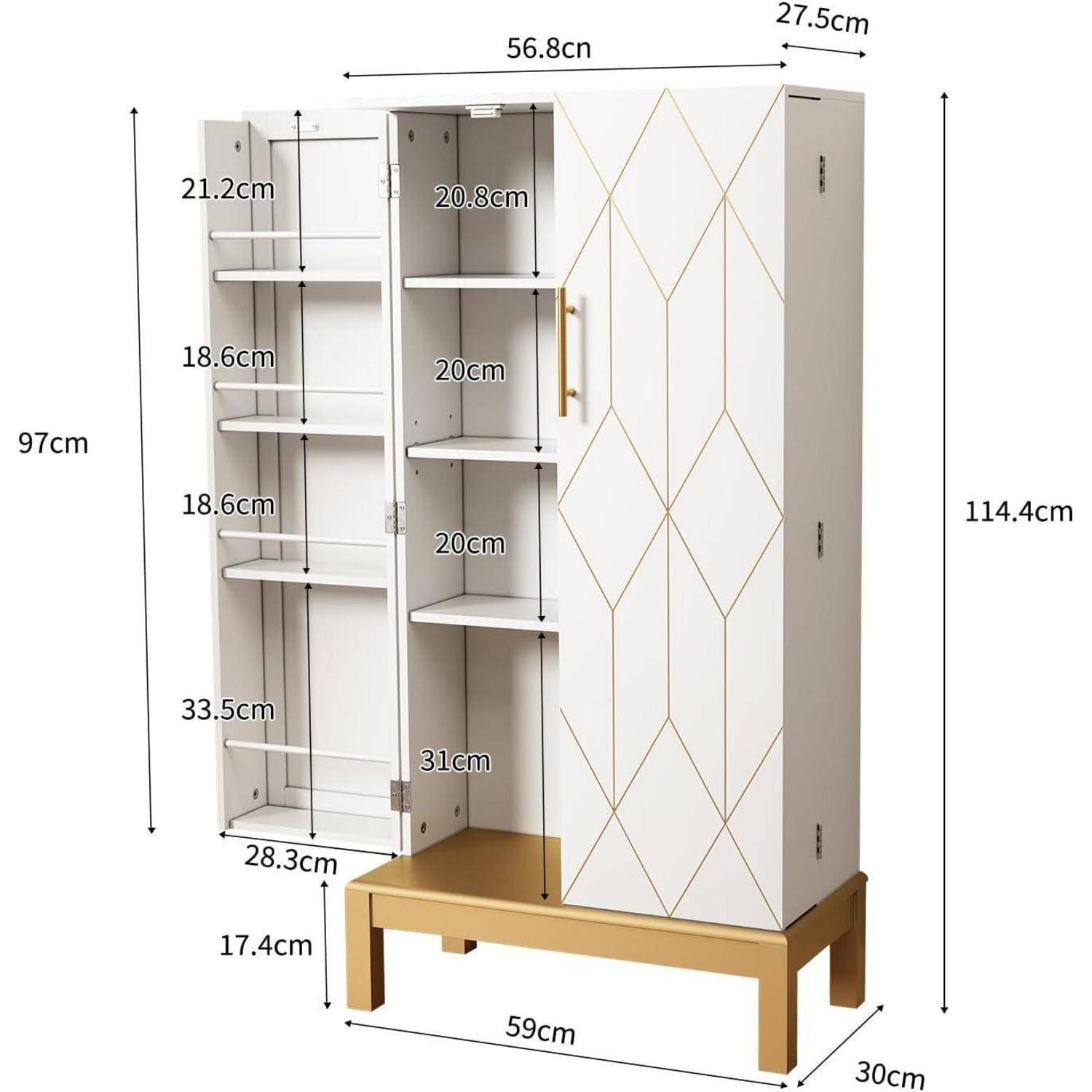 Produktmaßstabdiagramm eines weißen Lagerschranks mit Regalen und einer unteren Bankbasis, beschriftet mit Maßangaben in cm: 114,4 cm hoch, 59 cm breit, 30 cm tief.