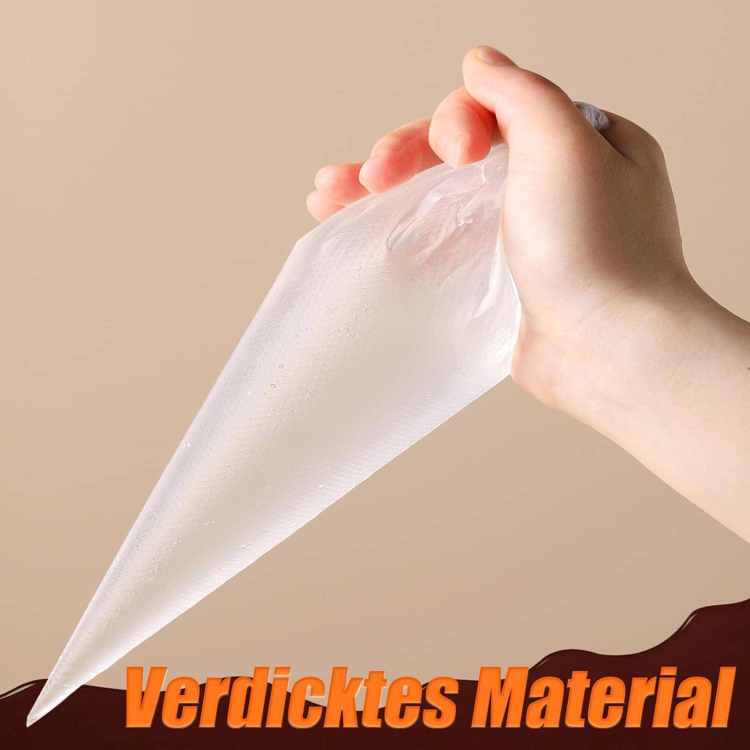 Hand dehnt einen durchscheinenden, kegelförmigen, gelartigen Beutel mit der Aufschrift „Verdicktes Material