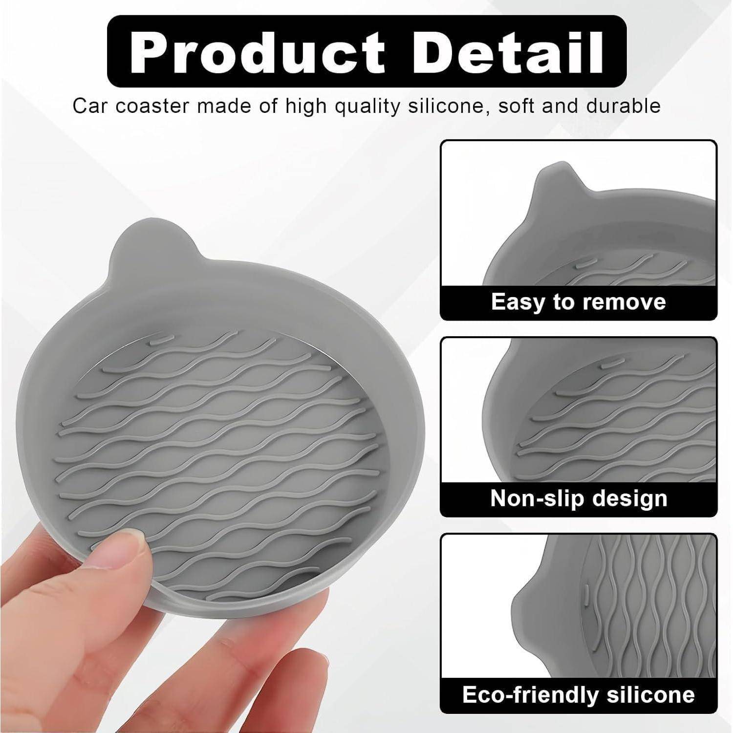Produktdetailbild einer grauen Silikon-Autountersetzer mit Wellentextur, gekennzeichnet mit „Leicht zu entfernen