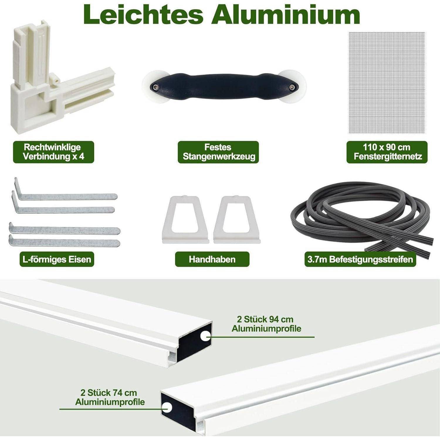 Diagramm eines leichten Aluminium-Sets mit enthaltenen Teilen: Winkelverbinder, Fixierstab-Werkzeug, 110 x 90 cm Gittergewebe, L-Winkel, Griffe und 3,7 m Montagestreifen, plus 2 Aluminium-Profile von 94 cm und 74 cm.