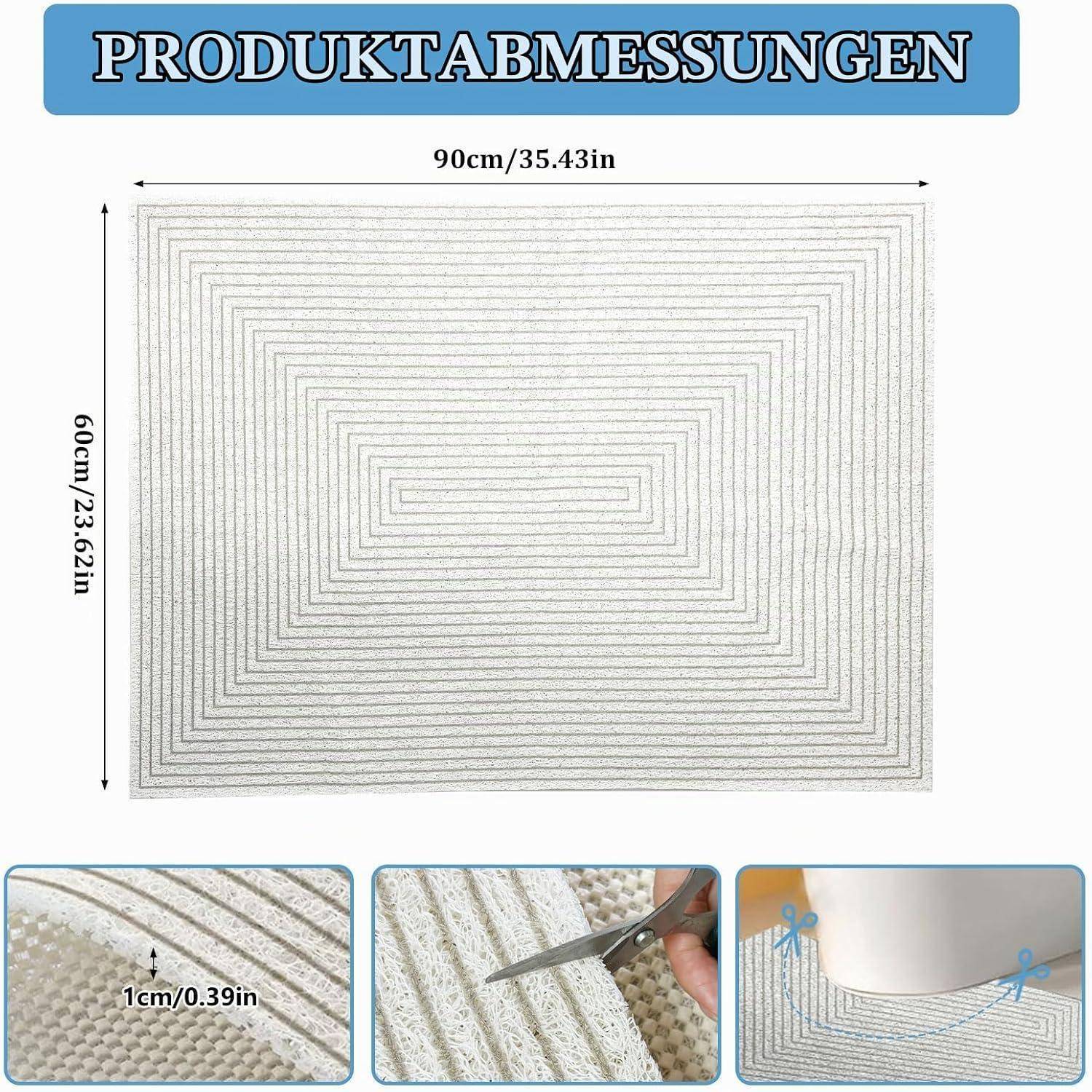 Produktmessdiagramm mit einer rechteckigen Matte von 90 cm x 60 cm, mit Nahaufnahmen der strukturierten Materialoberfläche, Dicke und Schneidkanteneigenschaften.