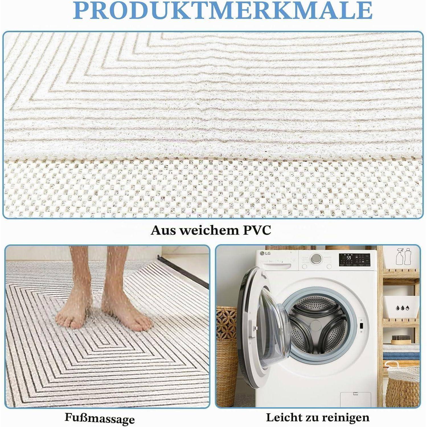 Produktmerkmale-Plakat mit einer weichen PVC-Matte für Fußmassage und leicht zu reinigen, mit einer Waschmaschine daneben.