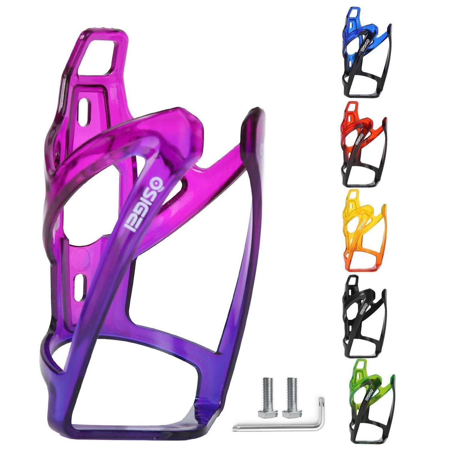 Satz von Fahrrad-Flaschenhaltern in mehreren Farben, mit einem großen violetten Halter dargestellt und fünf Farboptionen plus Befestigungsschrauben und Innensechskantschlüssel.